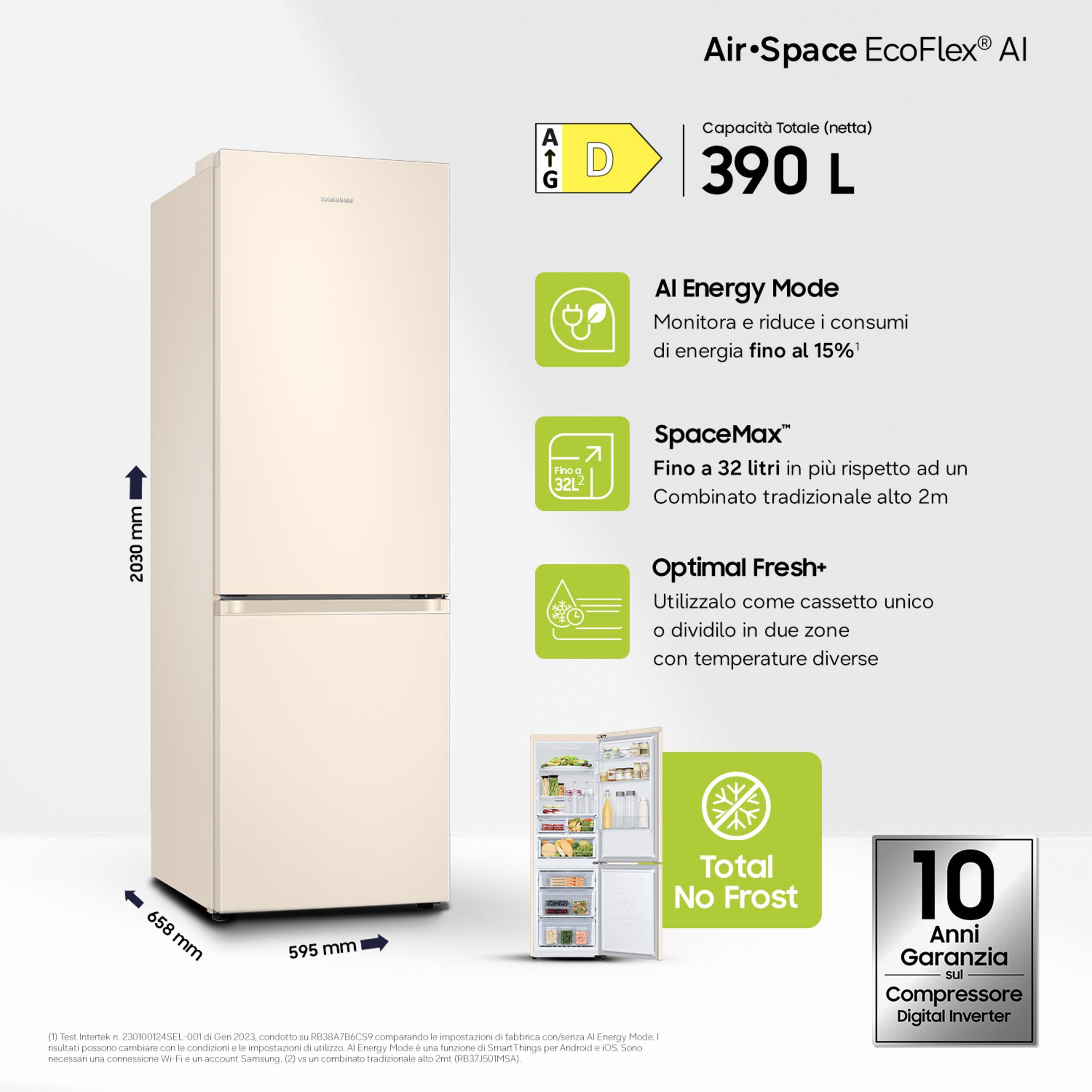 Un frigorifero Samsung color crema, classe energetica D, capacità 390L.
