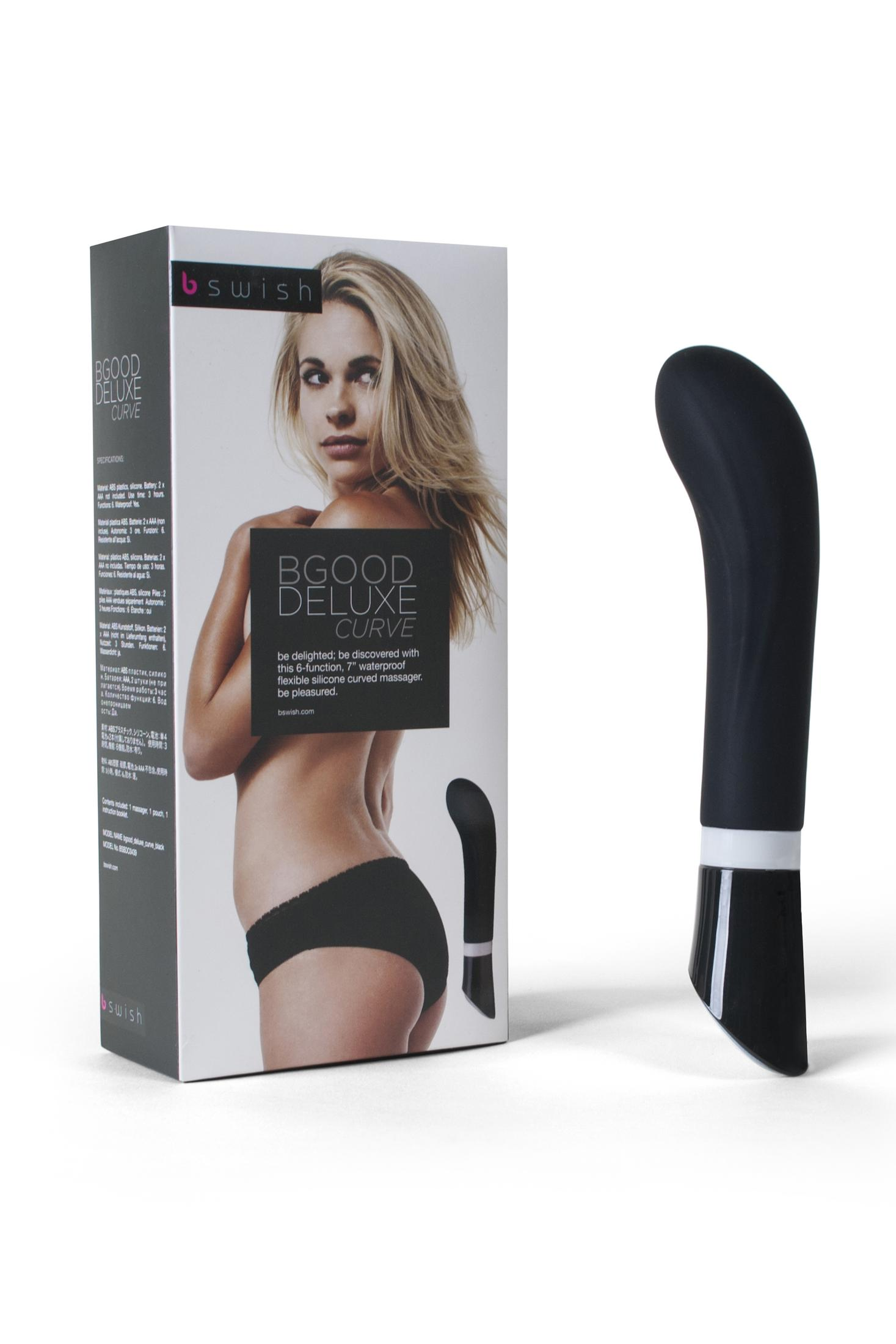 Verpackung eines schwarzen Massagegeräts und eines Massagegeräts mit Kurve.