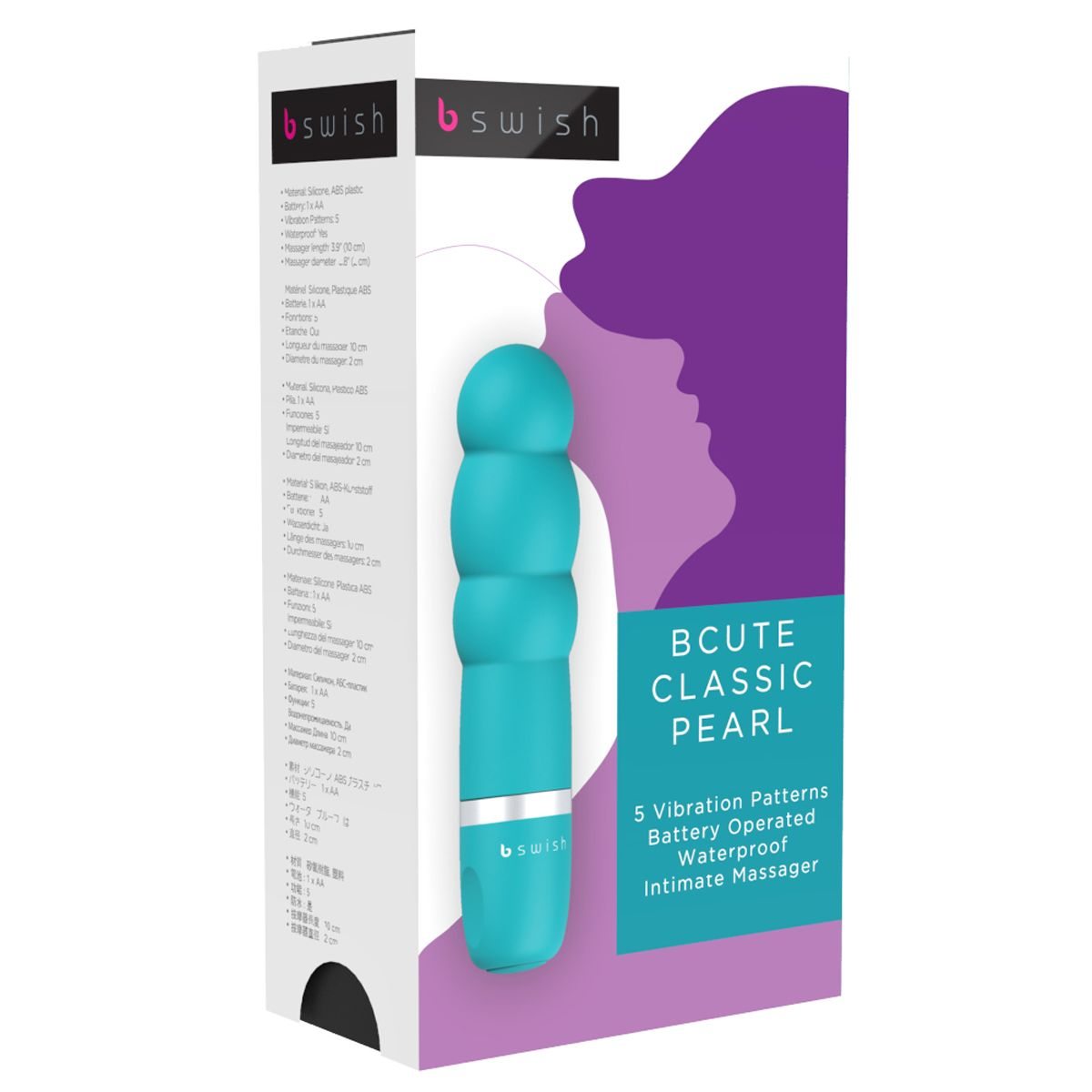 Türkisblauer Vibrator mit silbernem Ring auf einer Verpackung mit Profilen.