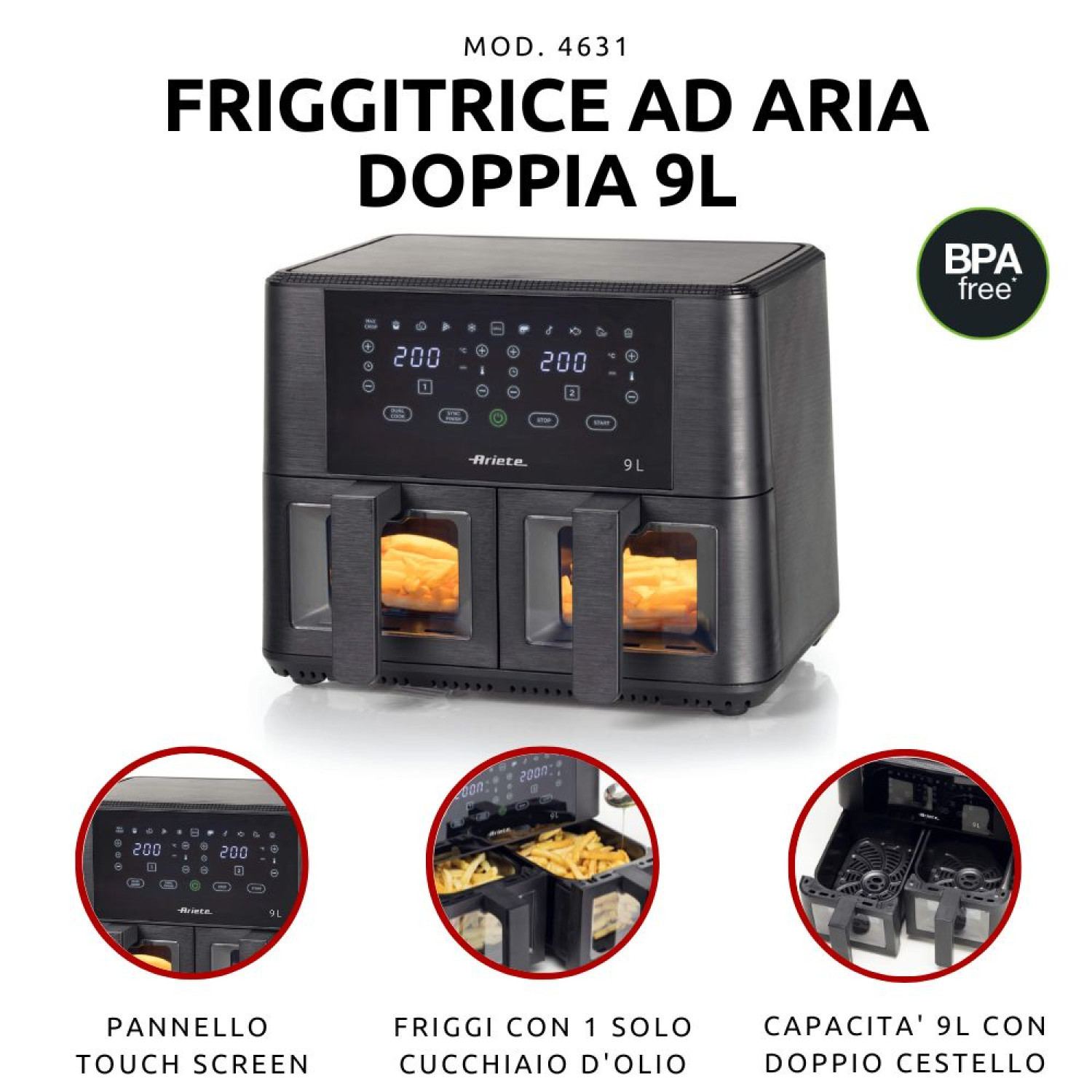 Dual air fryer with touchscreen, BPA-free, 9L capacity.