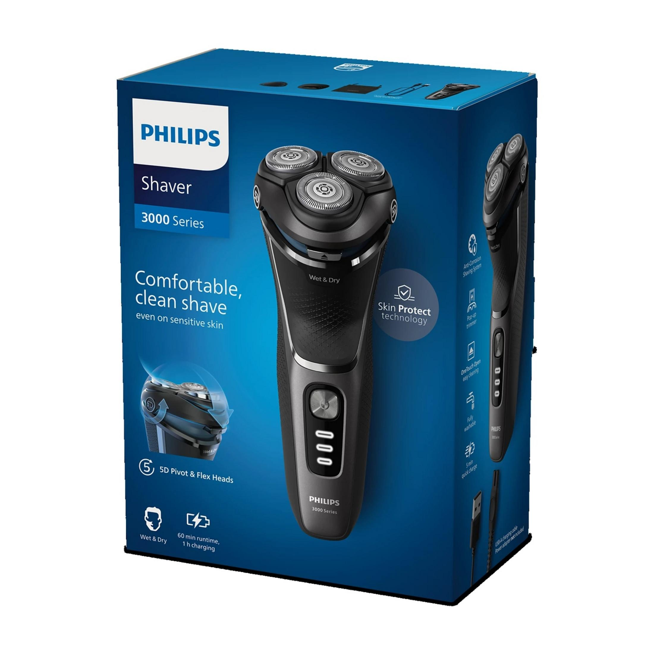 Philips Rasierer 3000 Serie mit drei Scherköpfen, Wet & Dry, 60 Min Laufzeit.