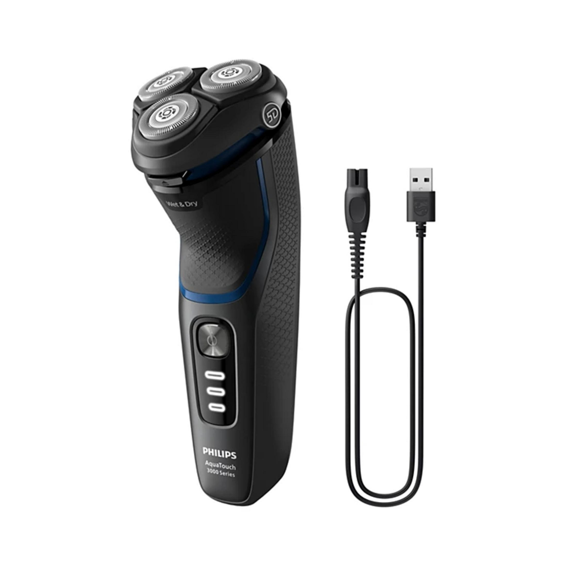 Schwarzer Philips AquaTouch Rasierer mit drei rotierenden Köpfen und Ladekabel.