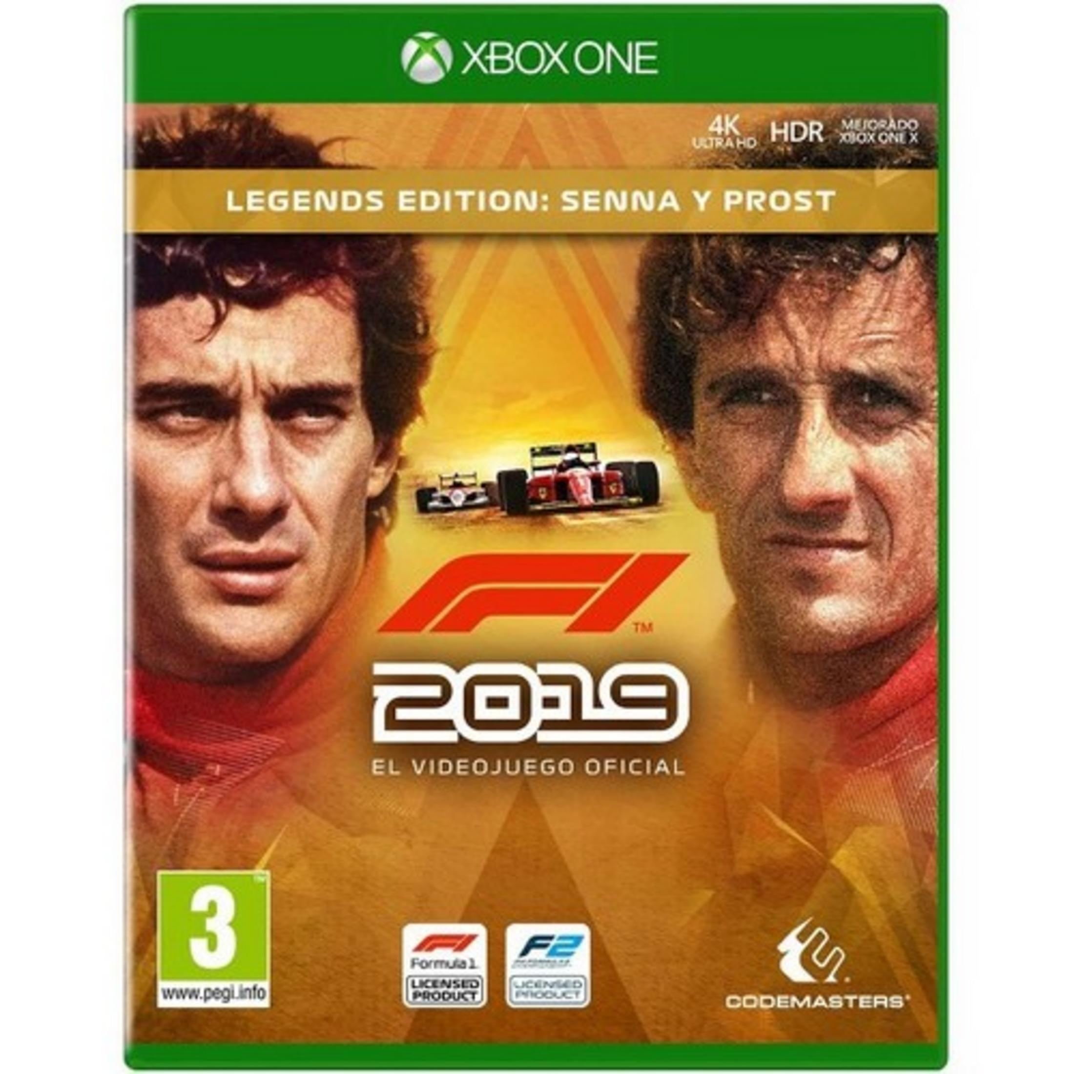 Cover von F1 2019 Legends Edition für Xbox One mit Senna und Prost, Rennwagen im Hintergrund.