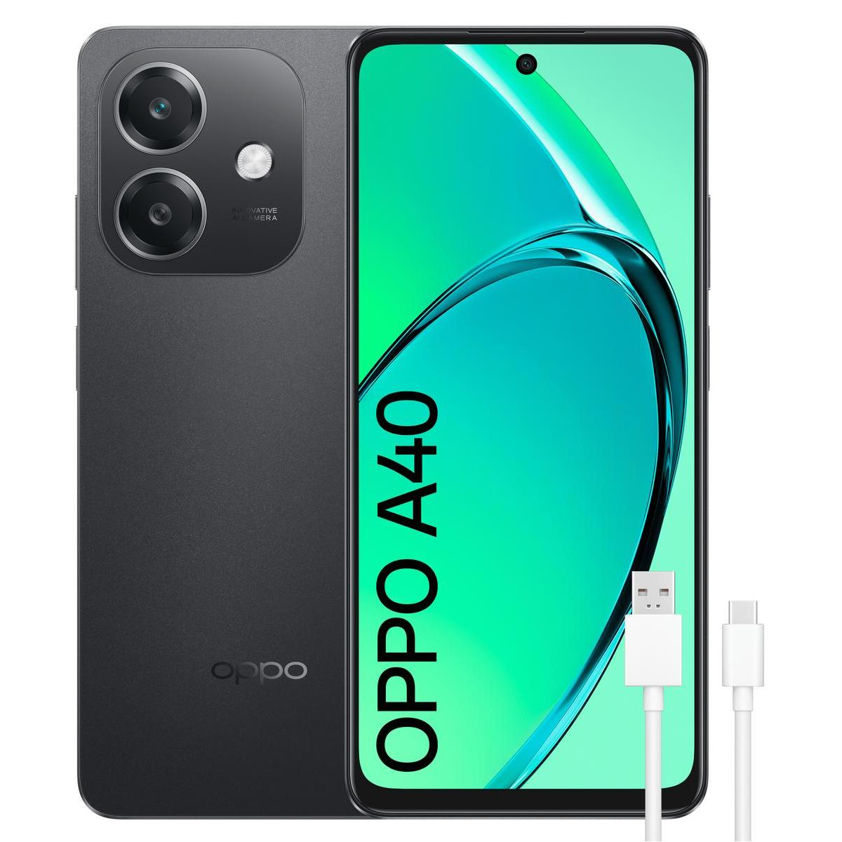 Smartphone OPPO A40 gris con cámara y cable de carga.