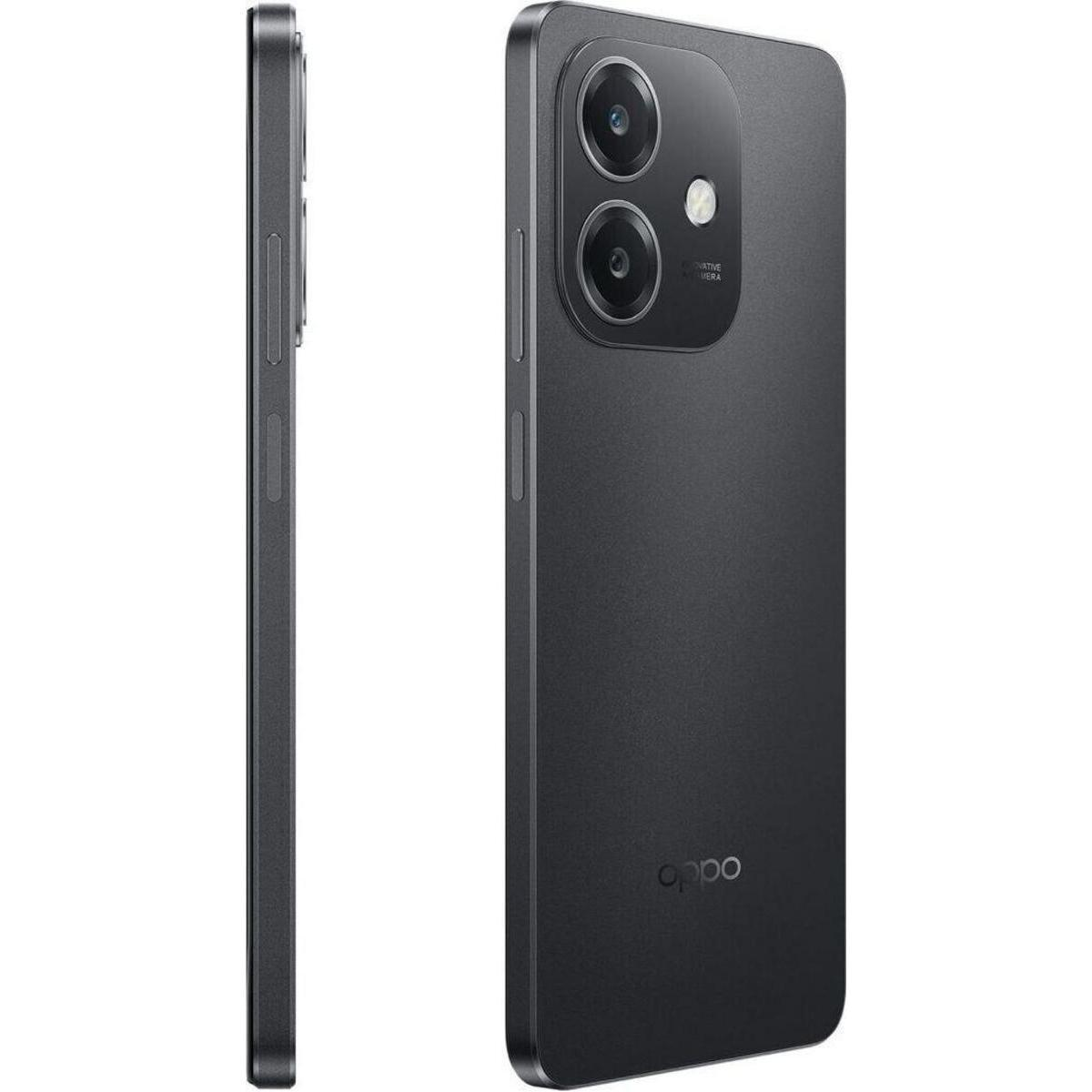 Un smartphone OPPO negro con dos cámaras traseras y el logo de OPPO.