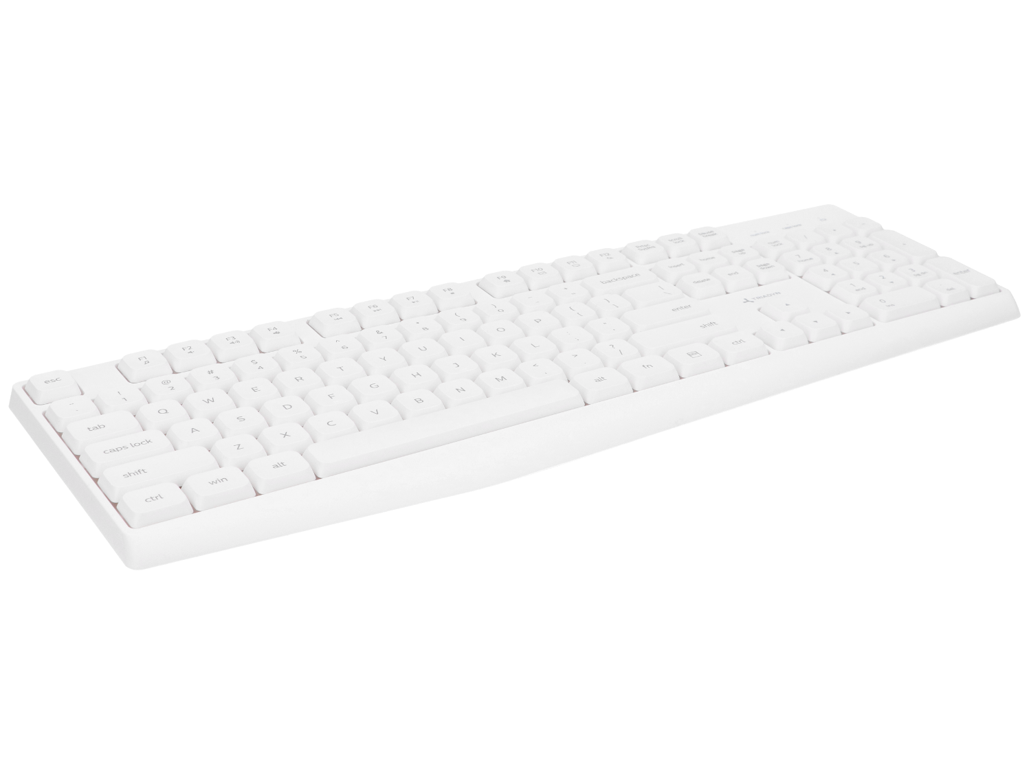 Biała klawiatura QWERTY na białym tle.