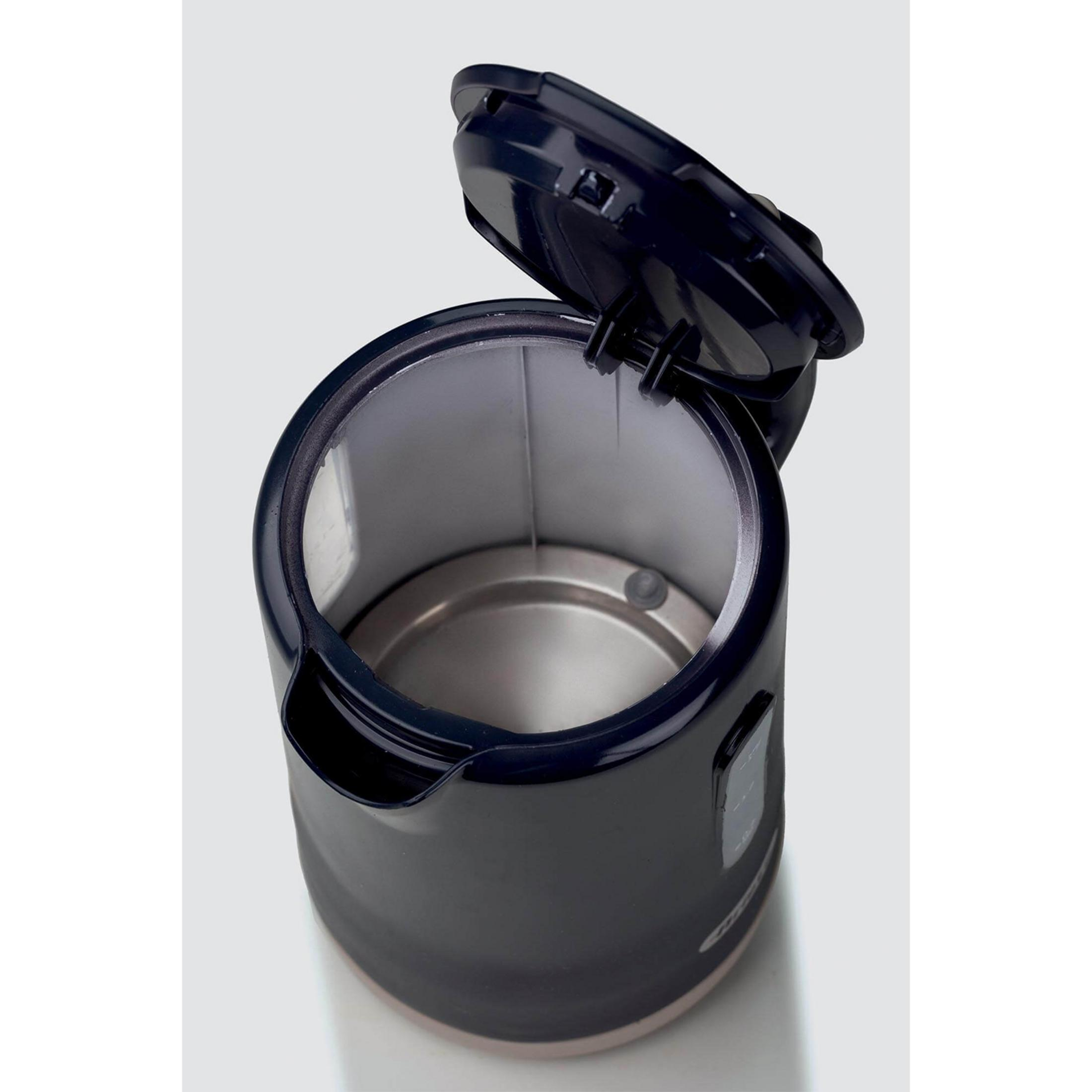A dark blue electric kettle with its lid open, showing the stainless steel interior.