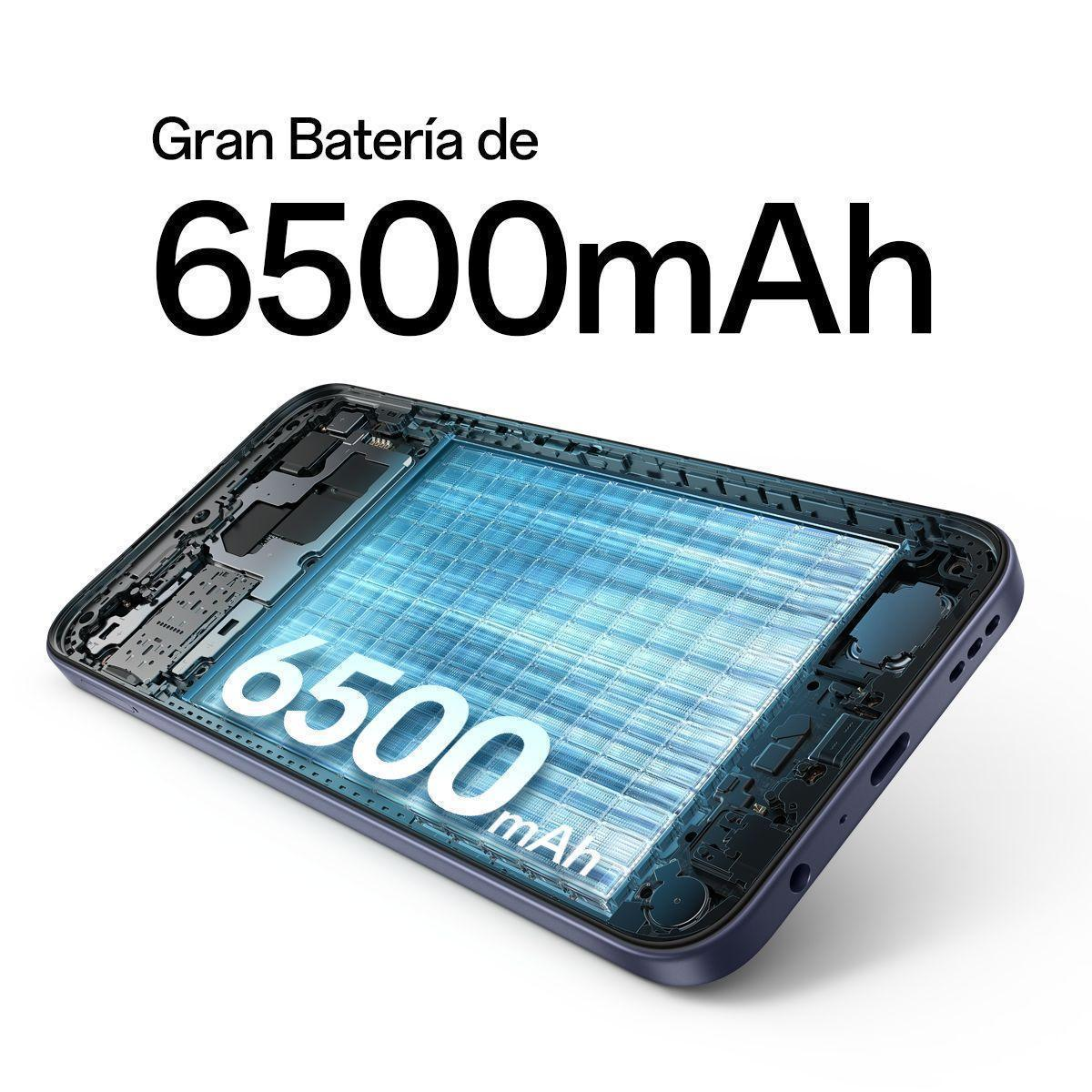Un smartphone con la carcasa quitada, mostrando una batería de 6500mAh.