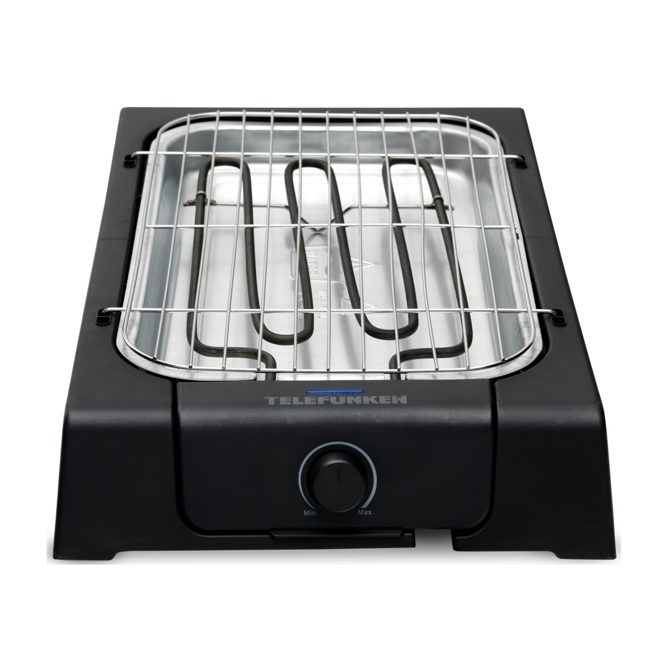 Ein schwarzer Telefunken Elektrogrill mit Chromgrill und Heizelementen.