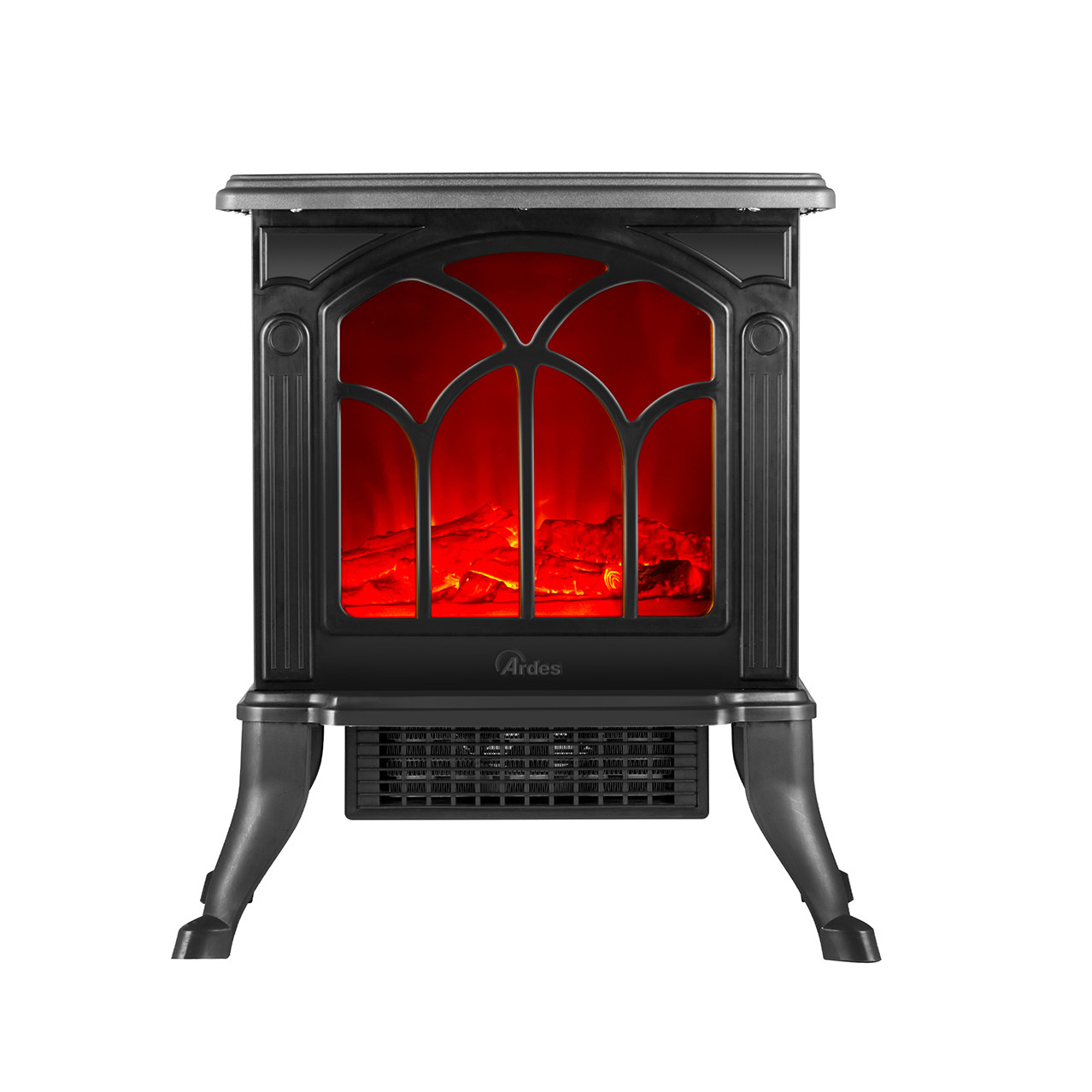 Schwarzer Kamin mit roten Flammen und einem Lüftungsgitter darunter.