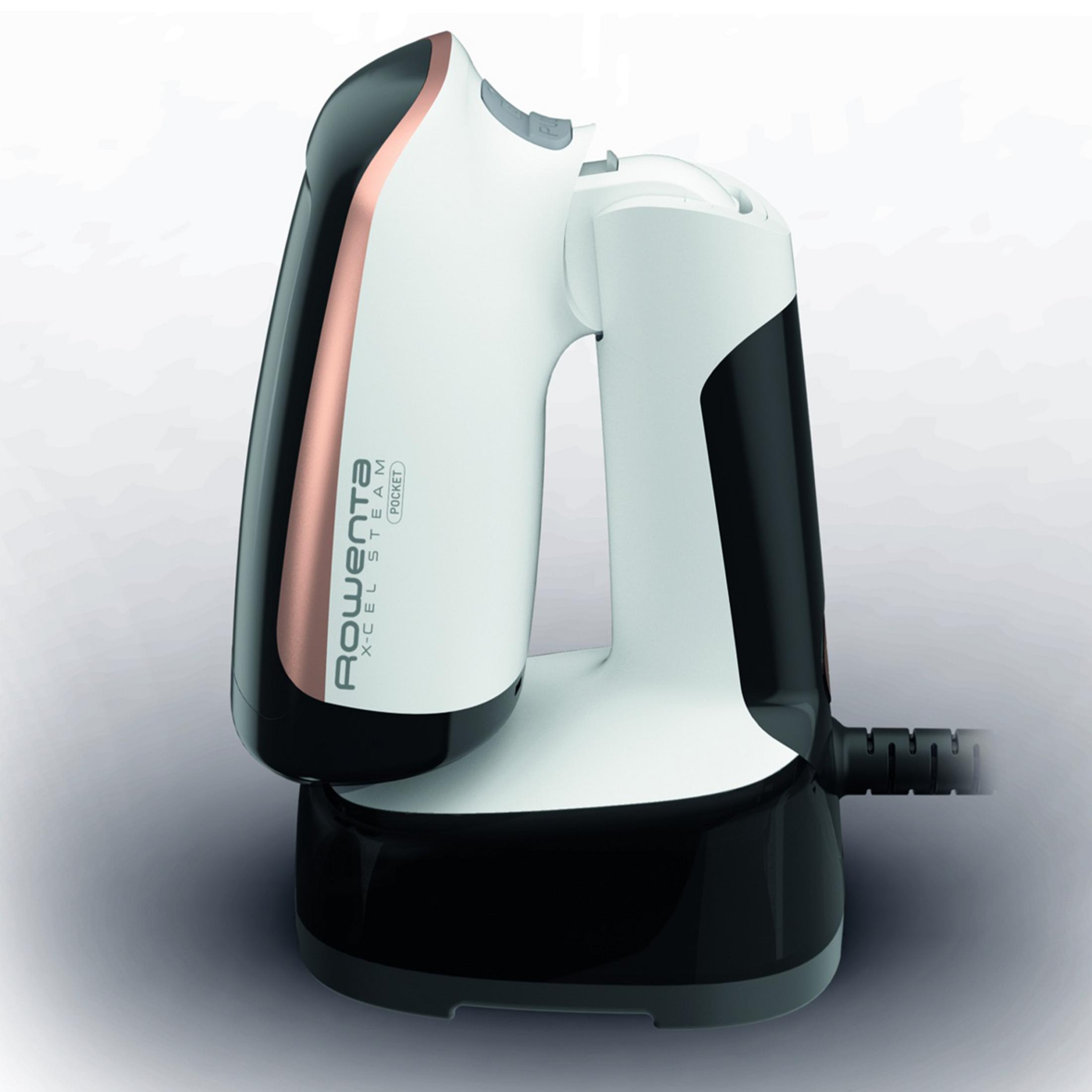 A white and black handheld steamer with copper accents rests on a black base.