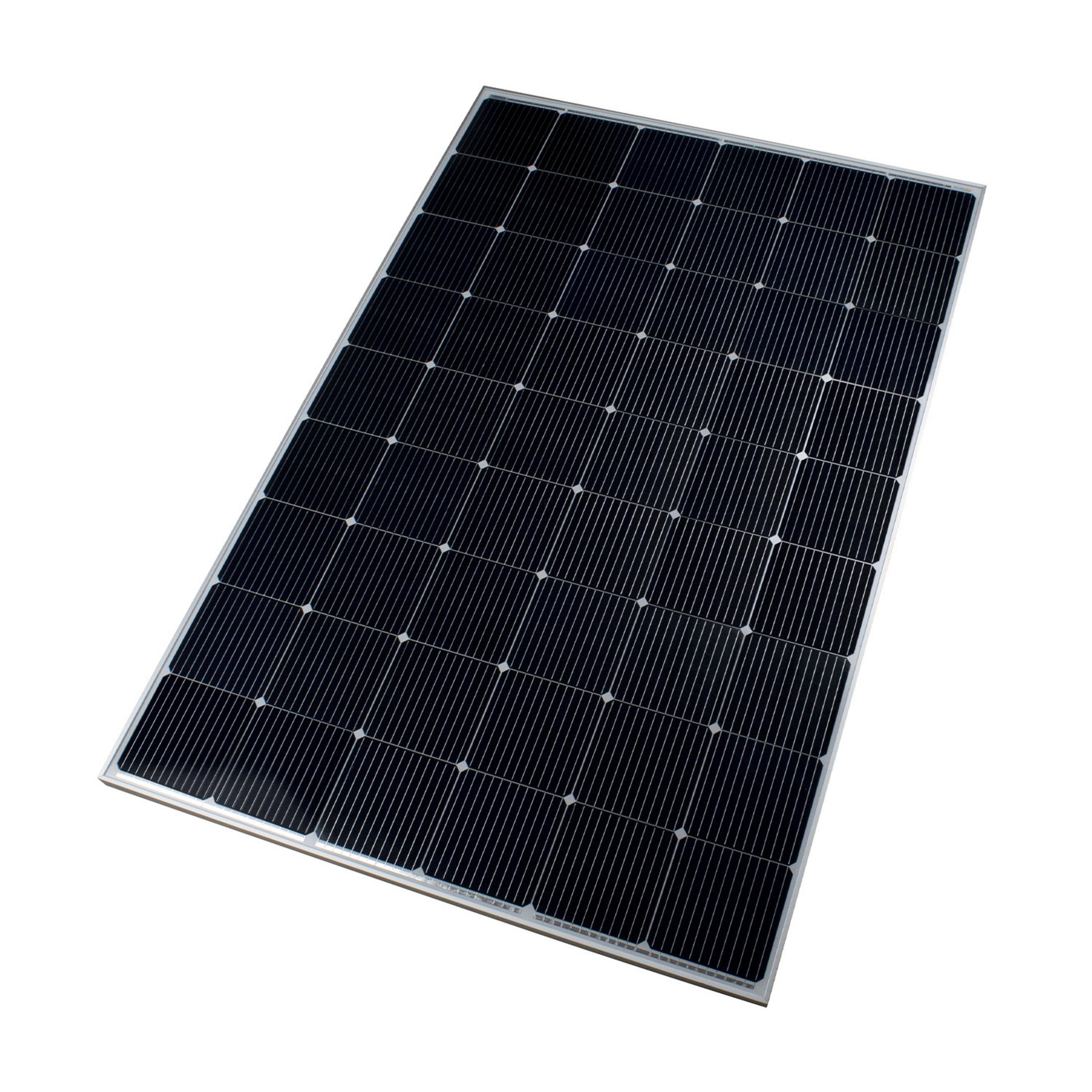 Un pannello solare nero con cornice argentata su sfondo bianco.