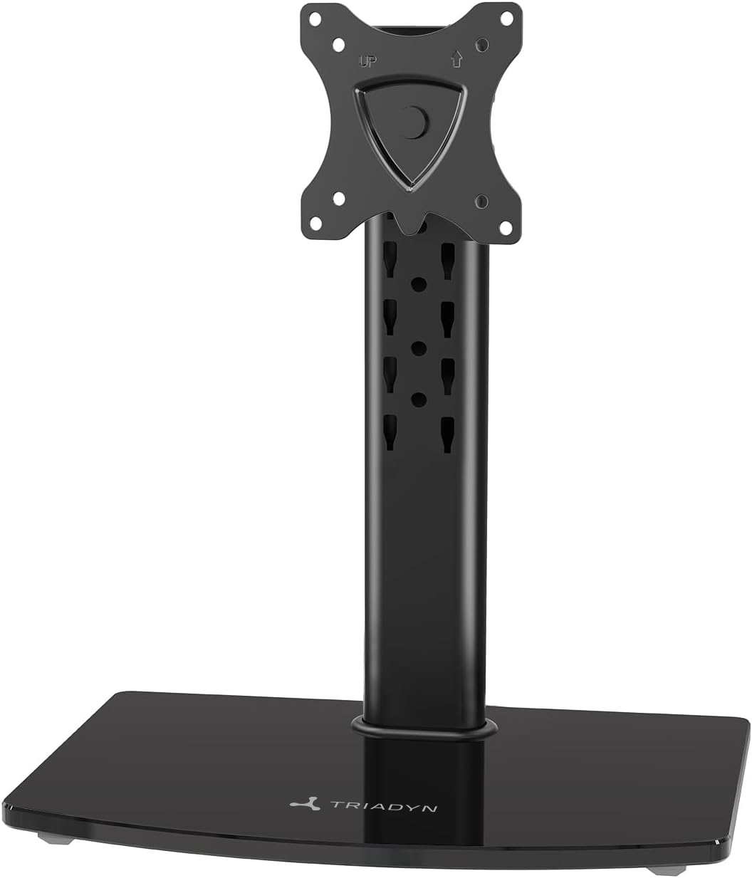 Czarny stojak pod telewizor z prostokątną podstawą i regulowanym mocowaniem ekranu.