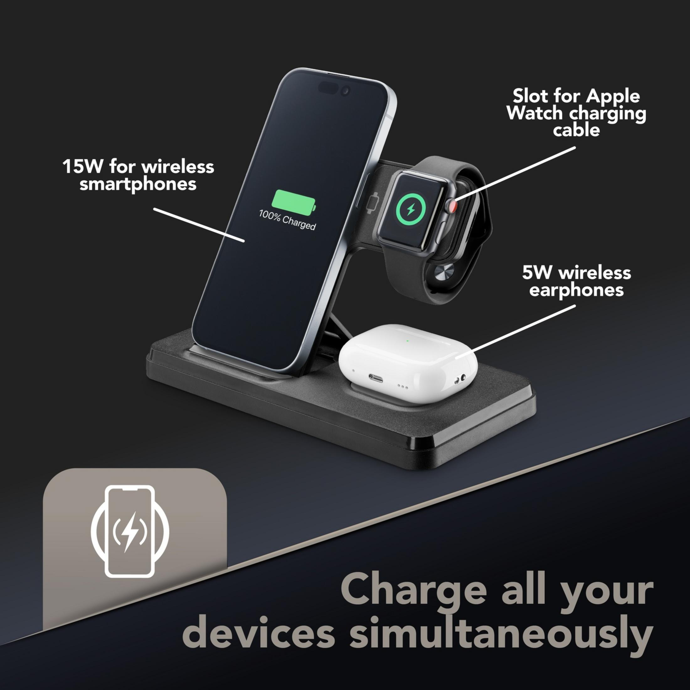 Estación de carga para smartphone, smartwatch y auriculares.