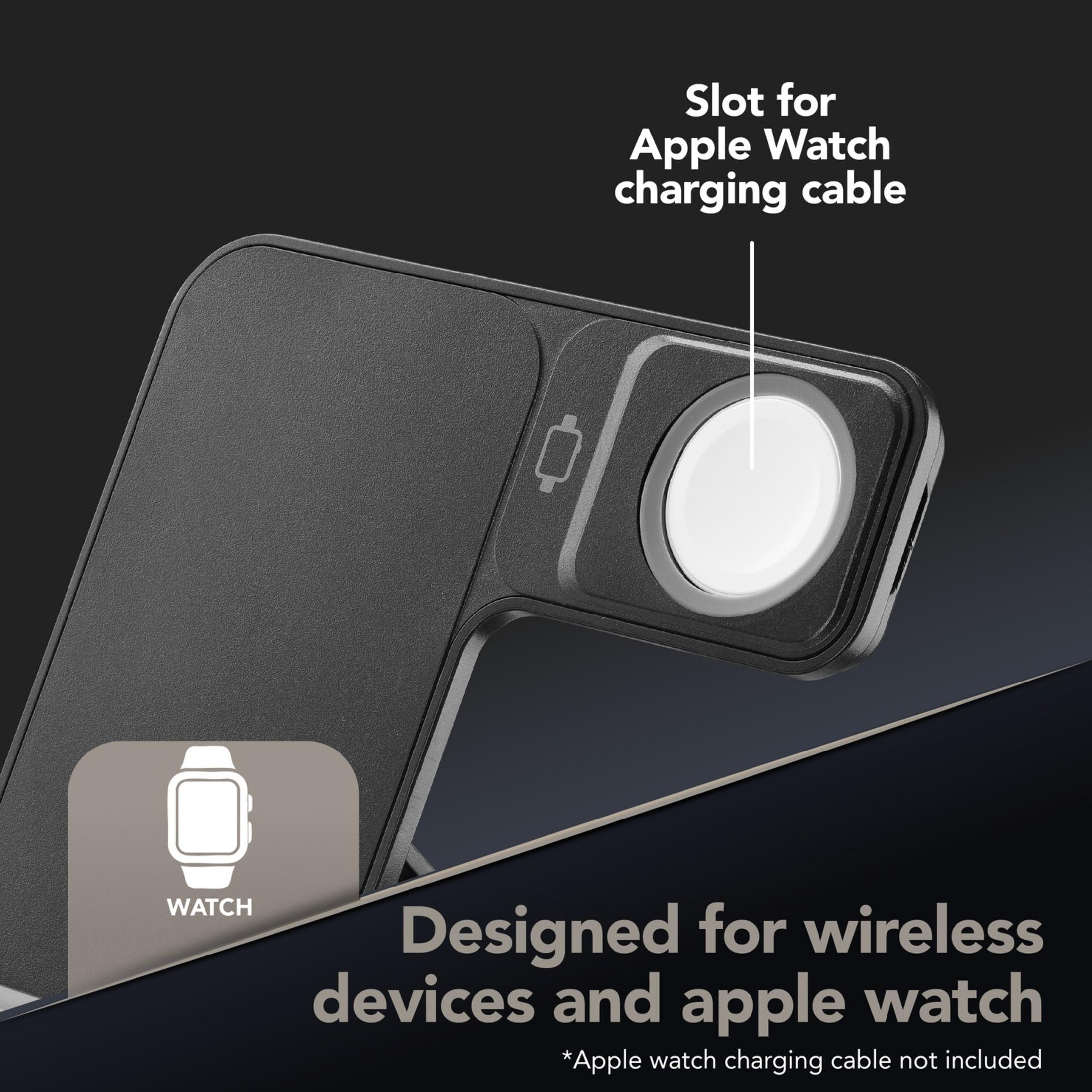 Accesorio de carga negro para Apple Watch con ranura y puerto para cable.