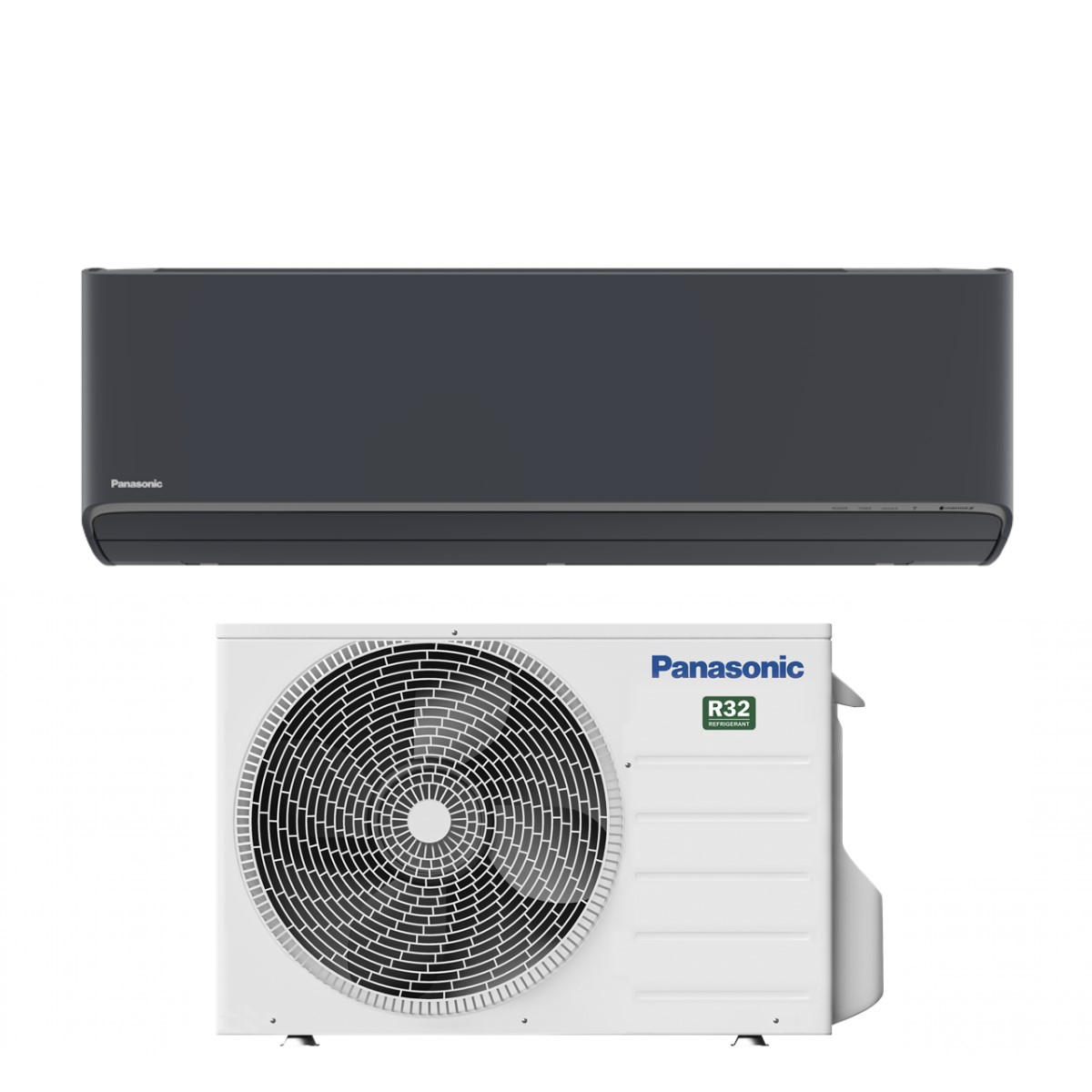 Unità interna di climatizzatore Panasonic grigio scuro sopra un'unità esterna bianca con ventola.