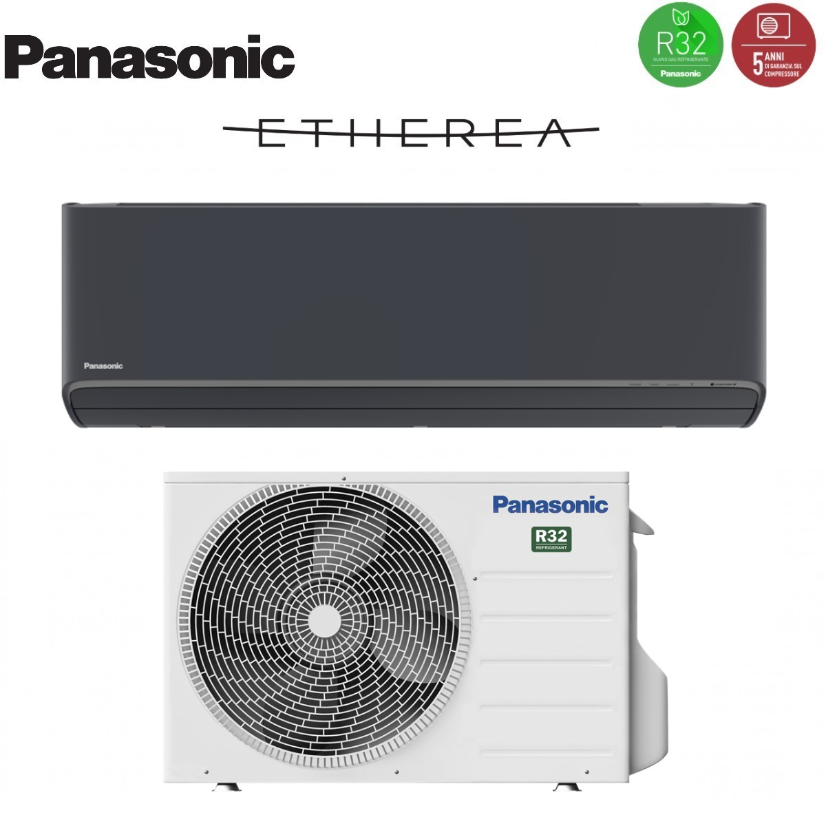 Unità interna ed esterna del condizionatore Panasonic. Entrambe sono grigio scuro e bianche.