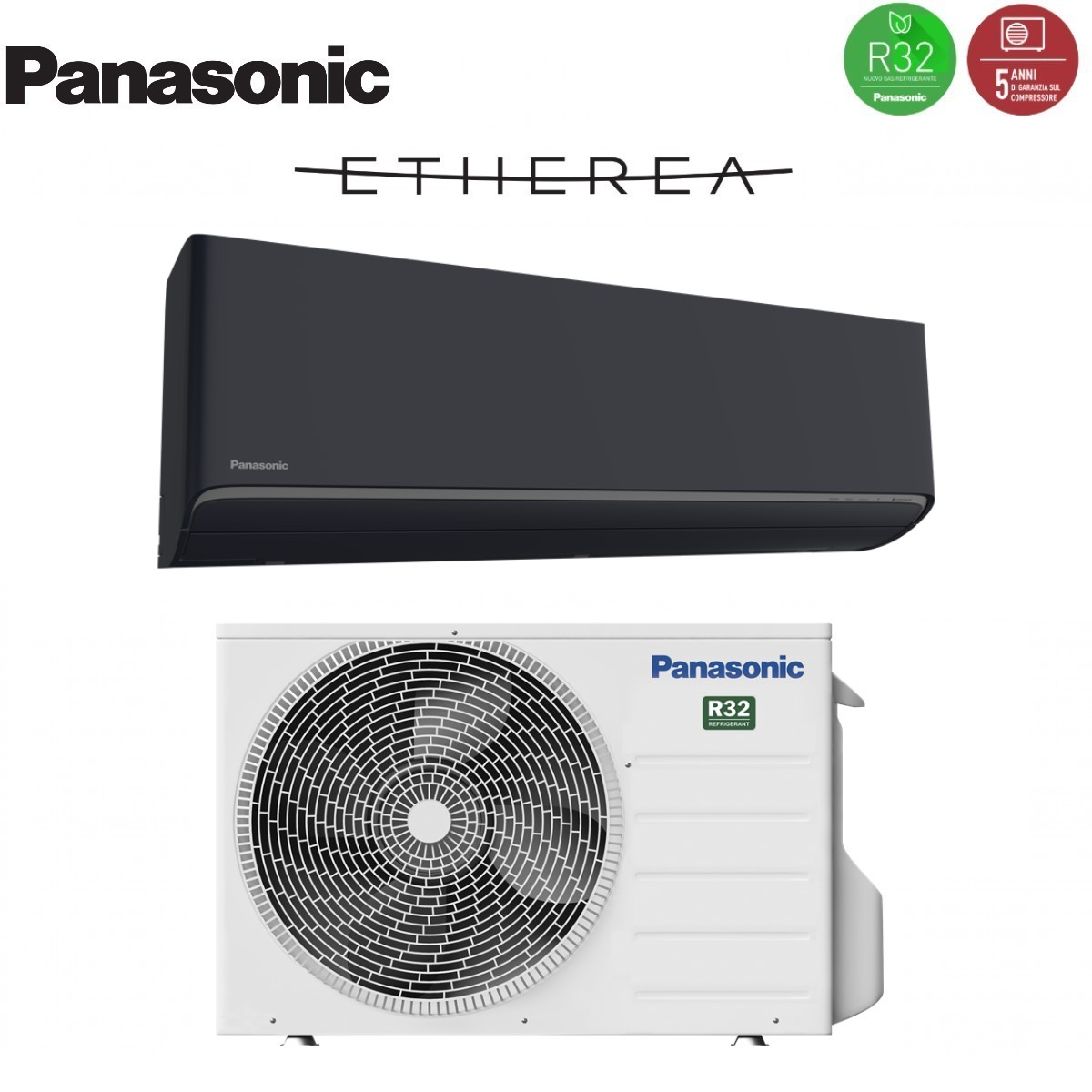 Unità interna ed esterna Panasonic scura con logo refrigerante R32.