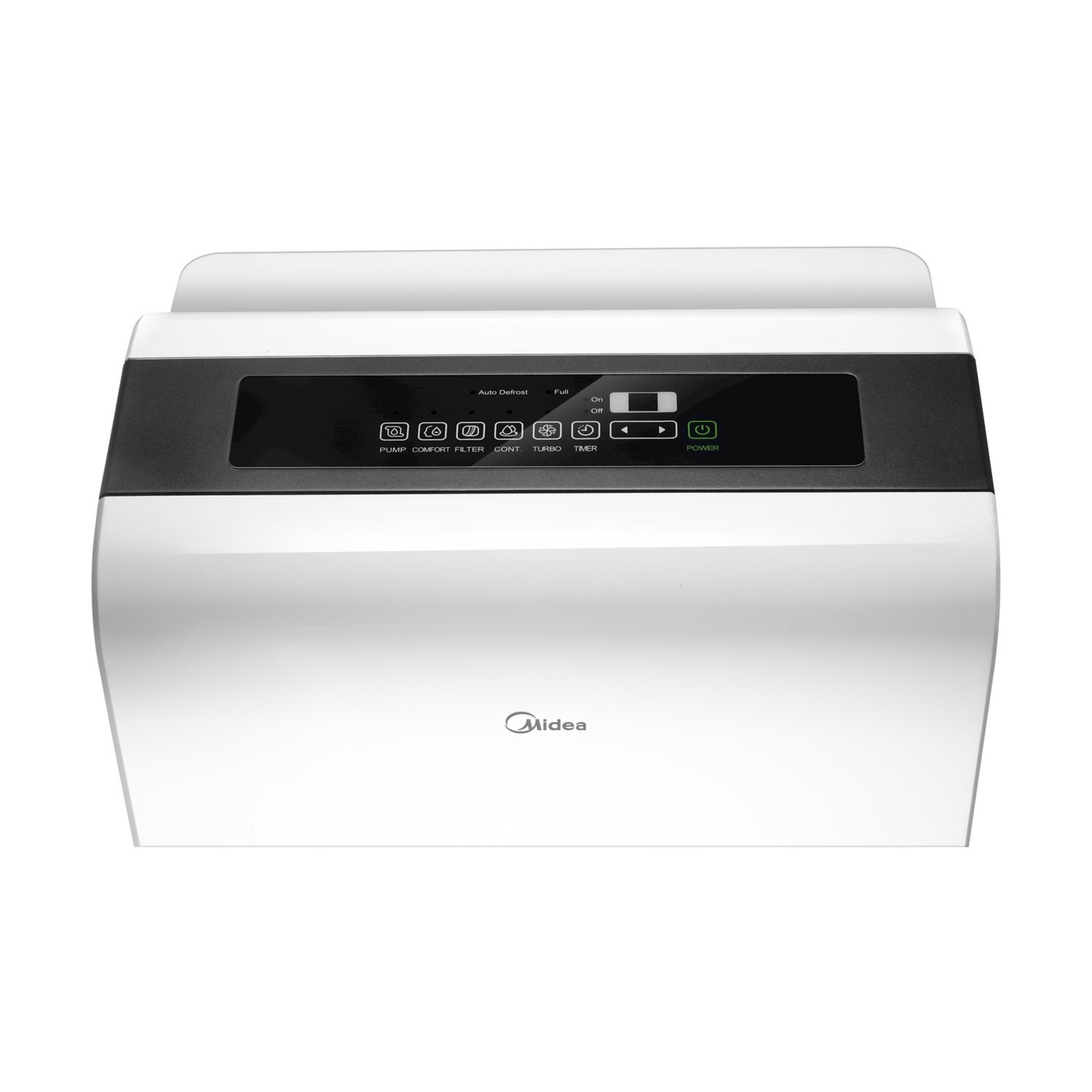 Un deshumidificador blanco con panel de control con iconos y botones.