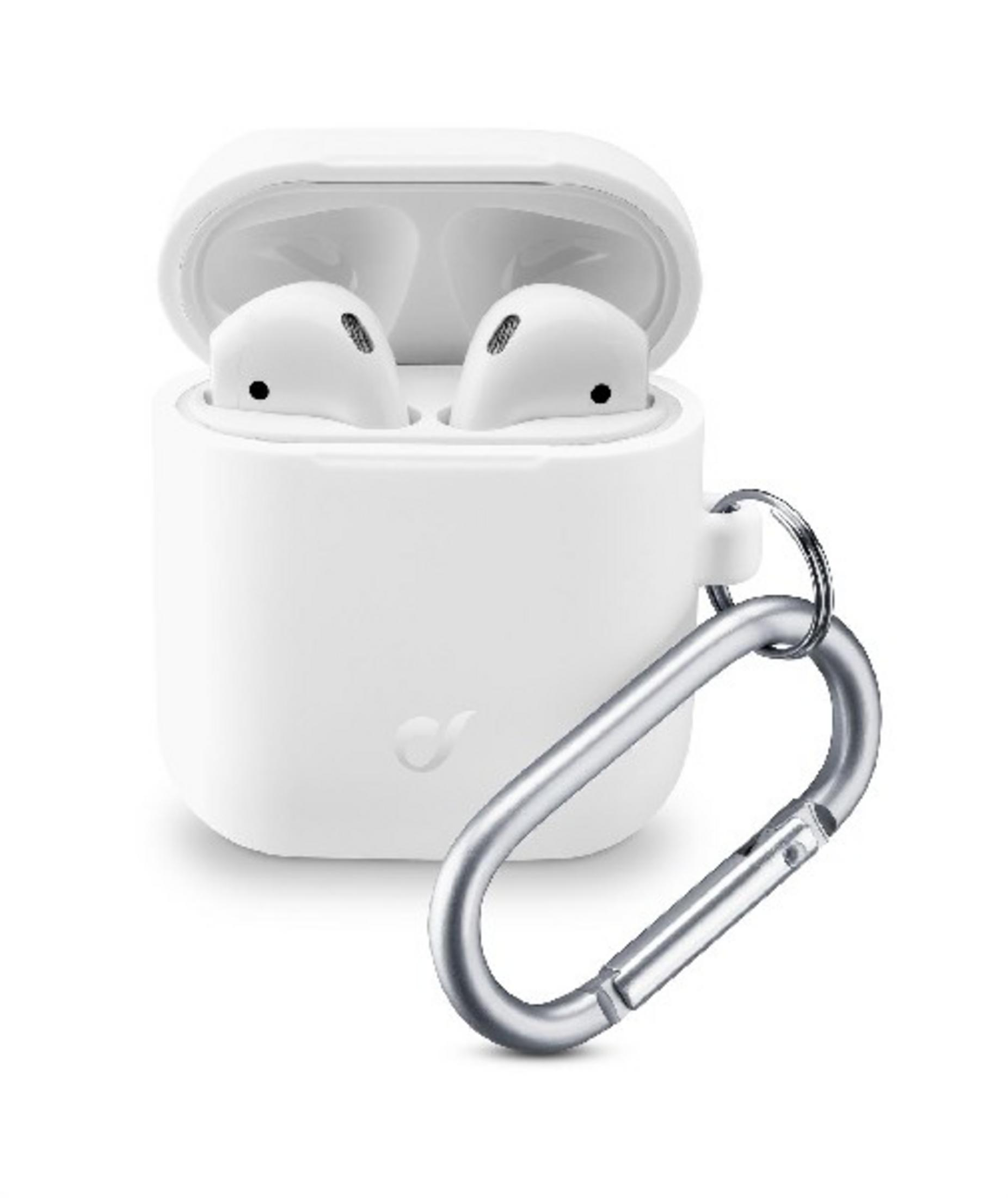 Auricolari bianchi in una custodia di ricarica aperta con moschettone.
