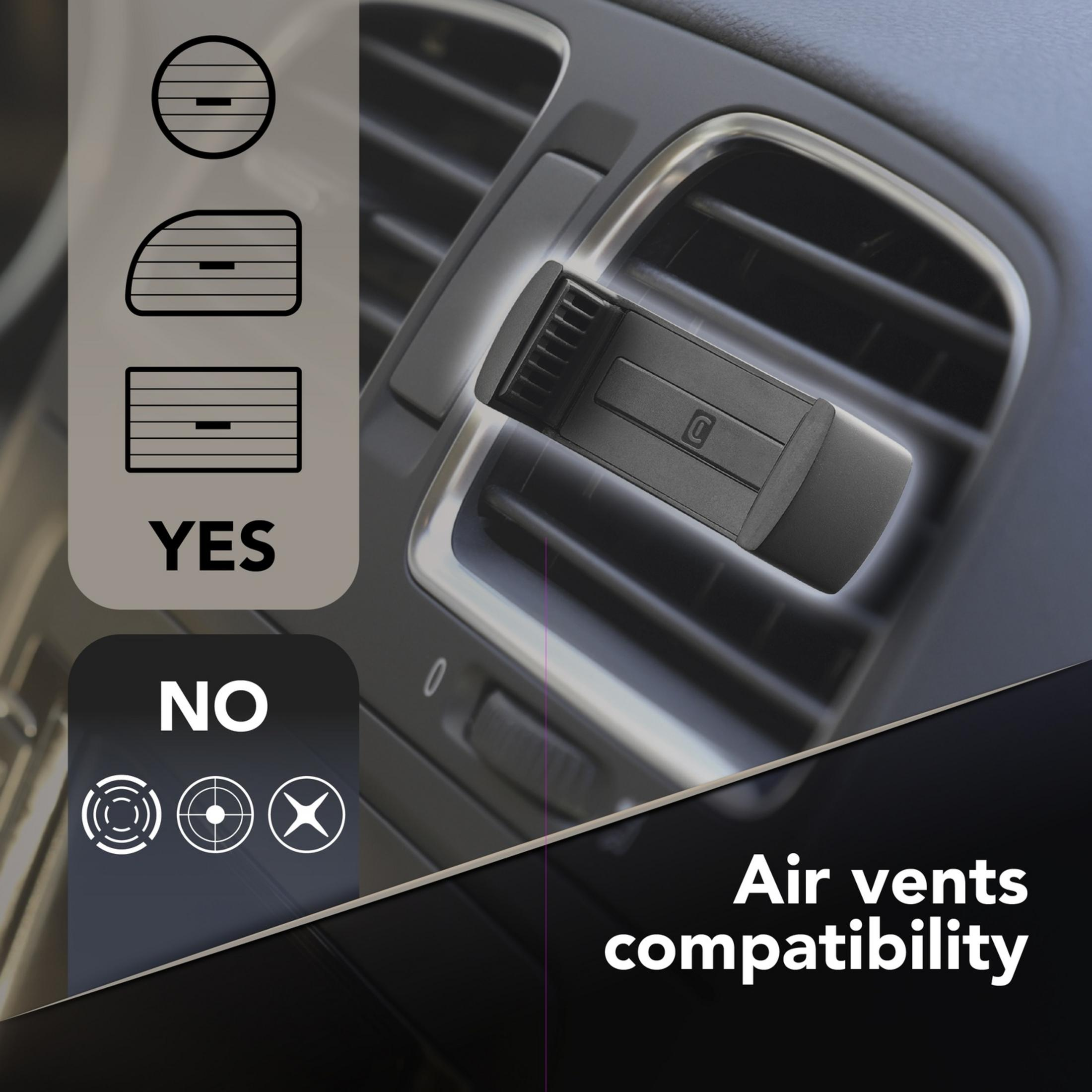 Un supporto per bocchetta di ventilazione nero è mostrato in una bocchetta di ventilazione per auto.