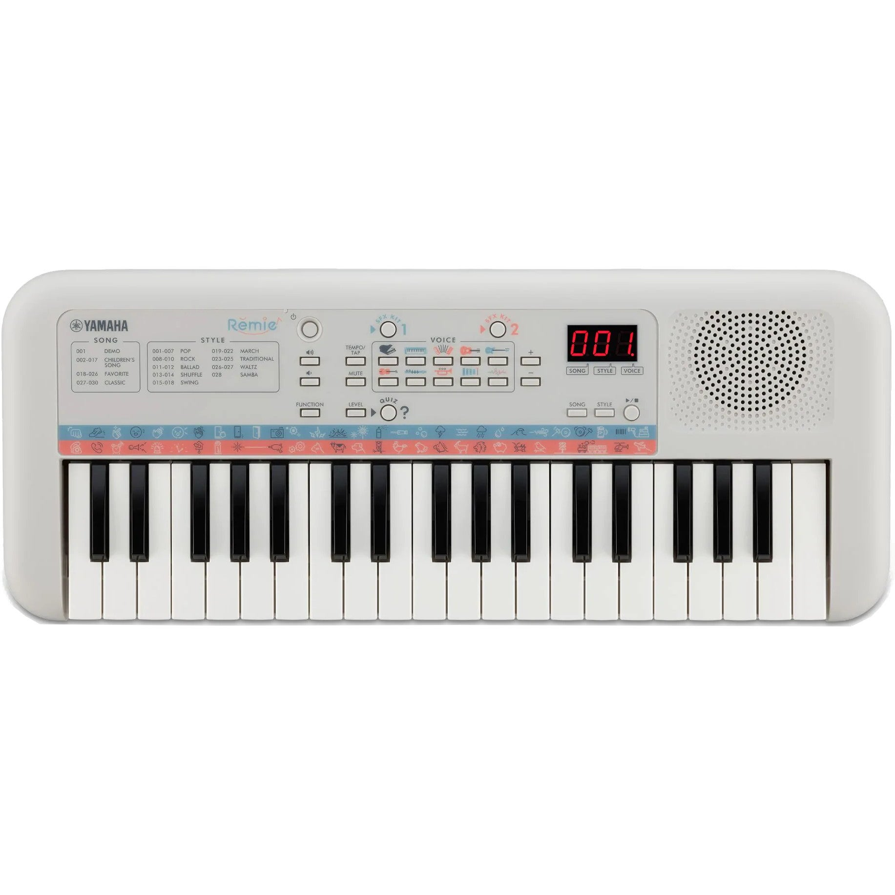 Biała keyboard Yamaha Remie z czarnymi i białymi klawiszami oraz panelem sterowania.