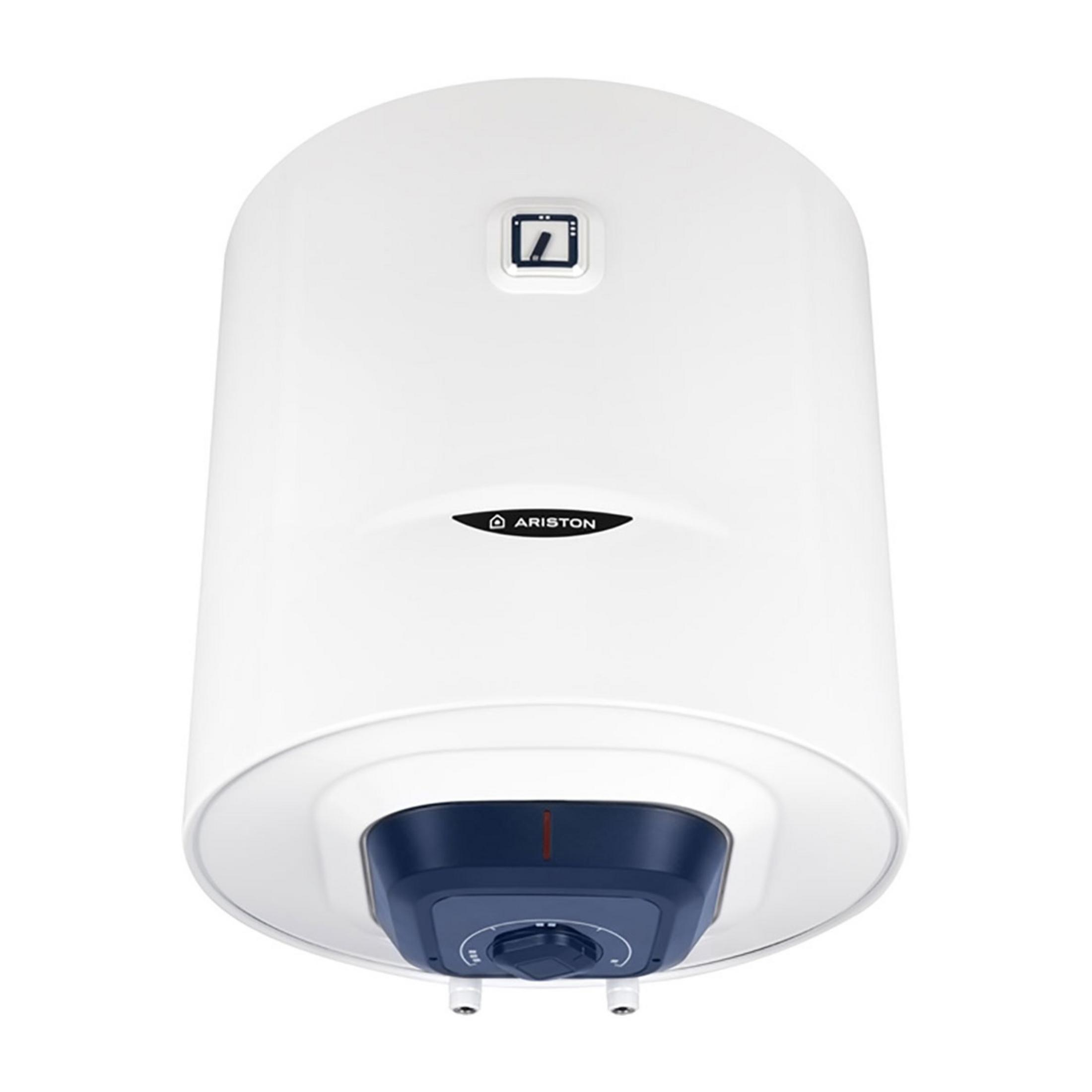 Un boiler bianco con pannello di controllo blu e logo Ariston.
