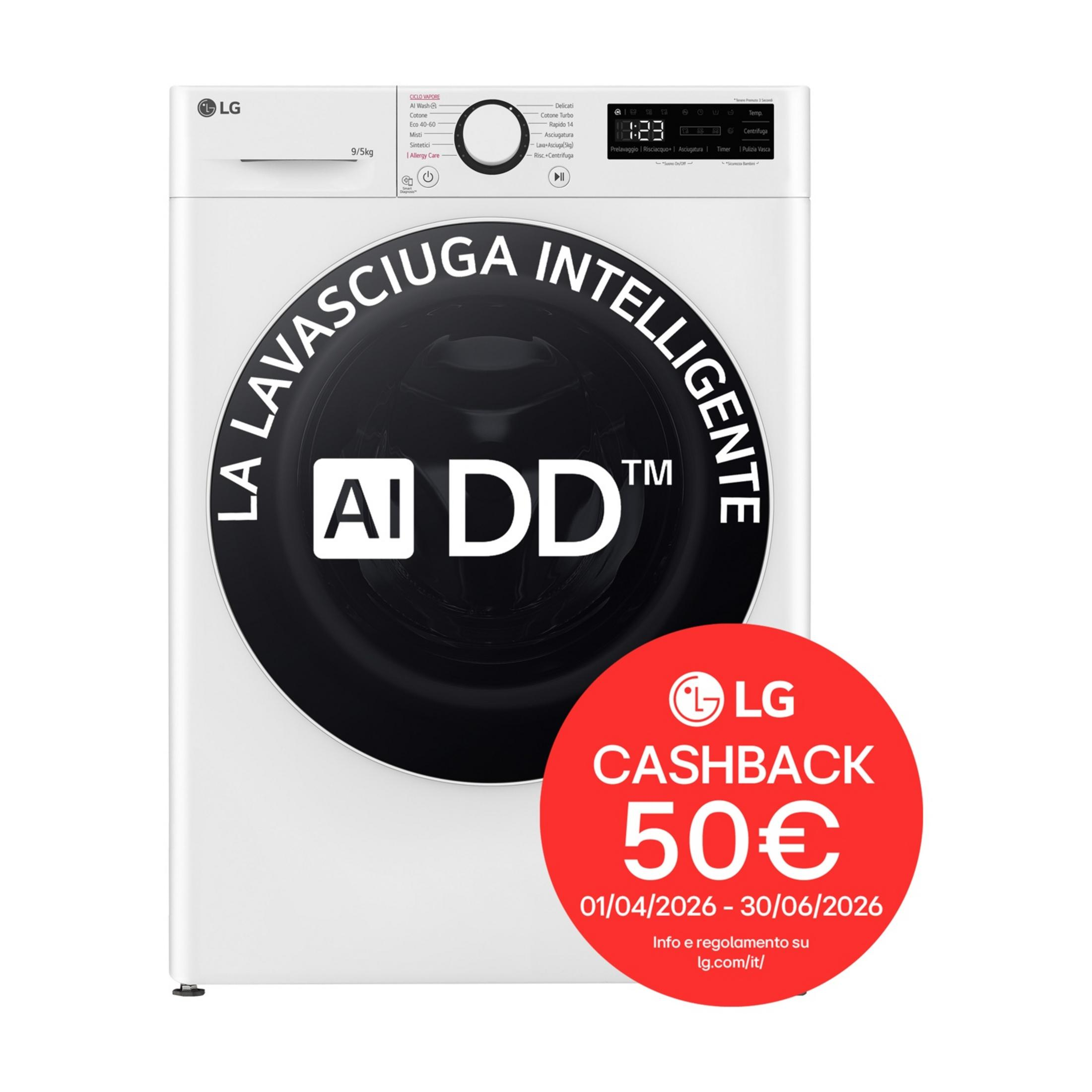 Machine à laver LG blanche avec porte noire et autocollant cashback rouge.