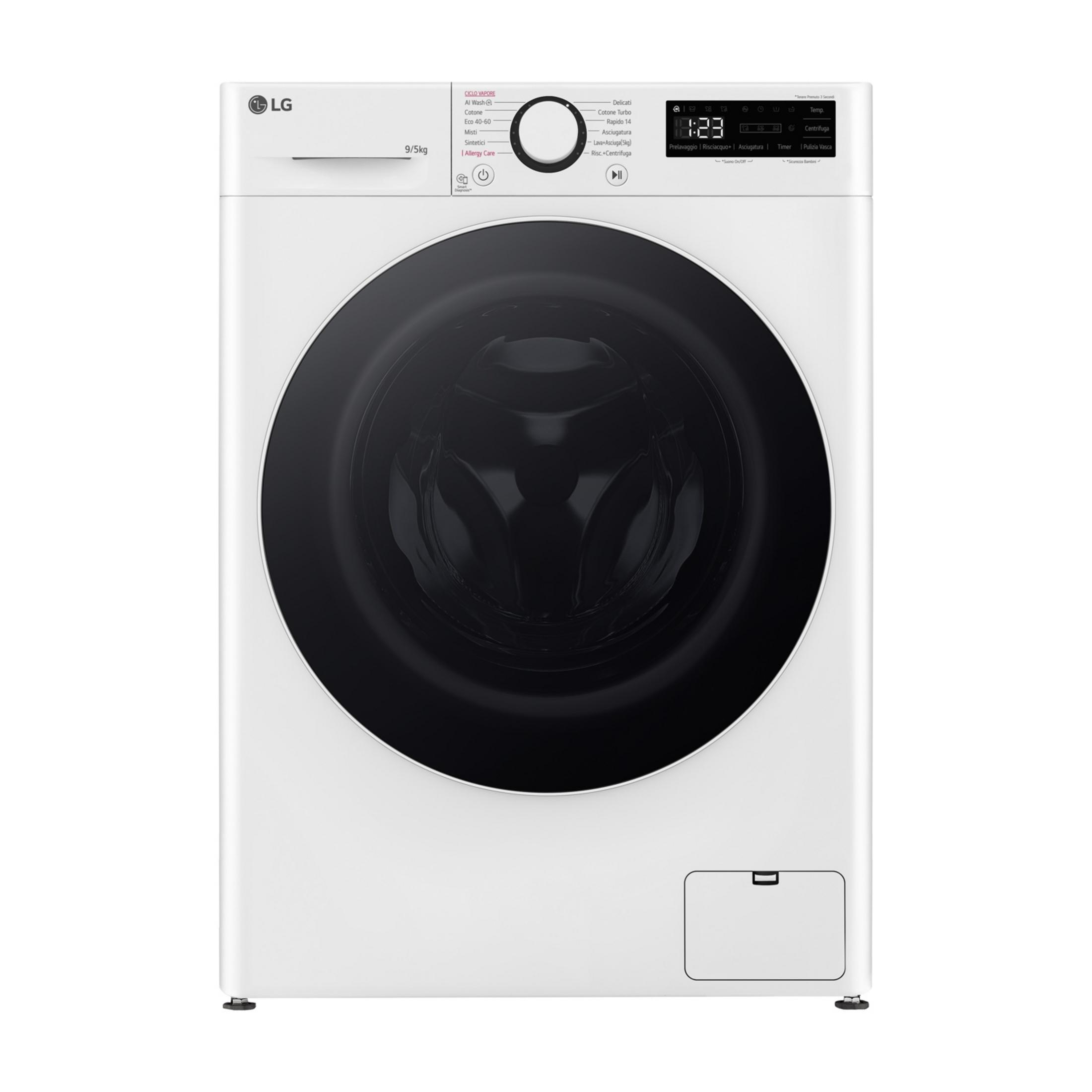 Une machine à laver LG blanche avec une porte et un panneau de contrôle noirs.