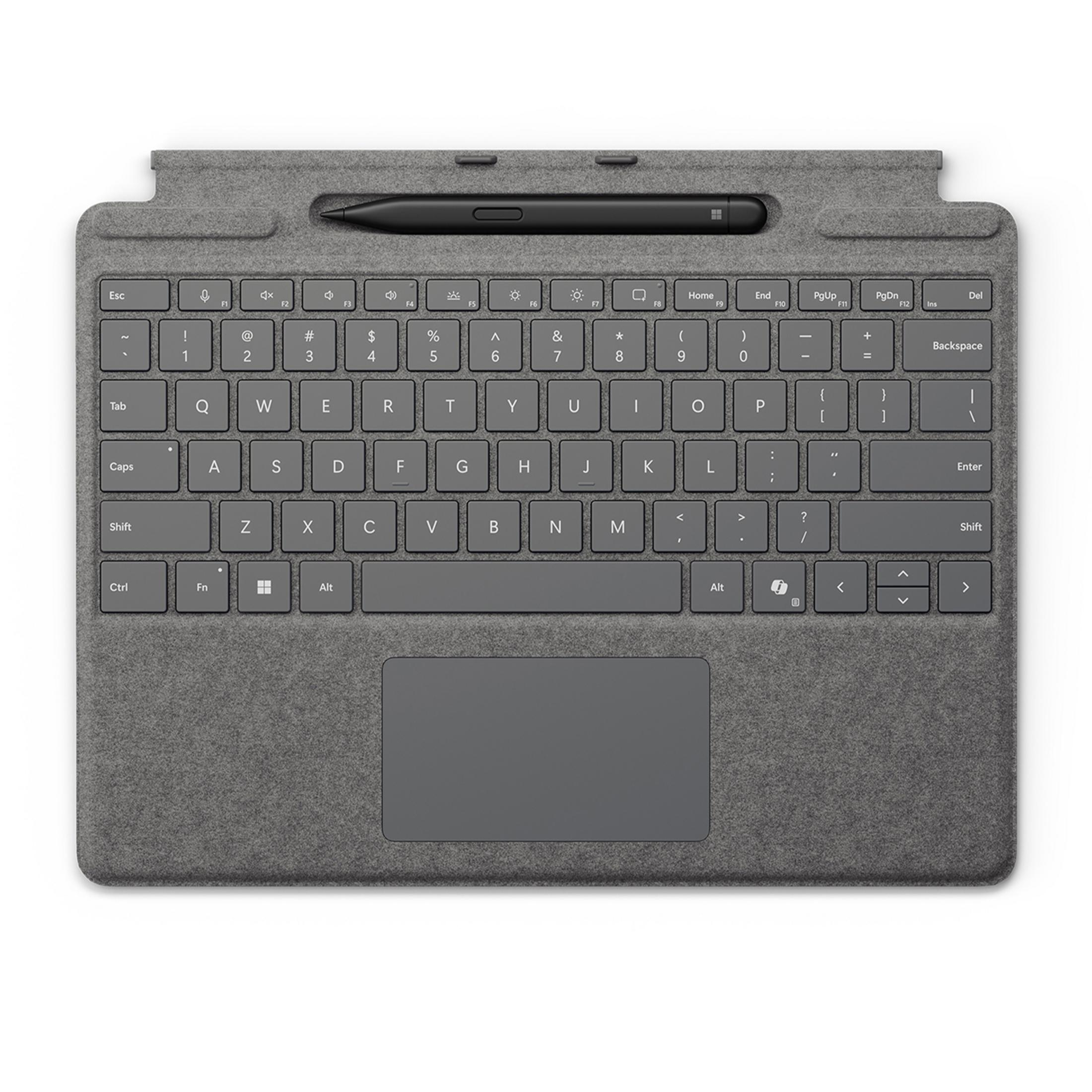 Copritastiera grigio in tessuto con porta penna e touchpad.