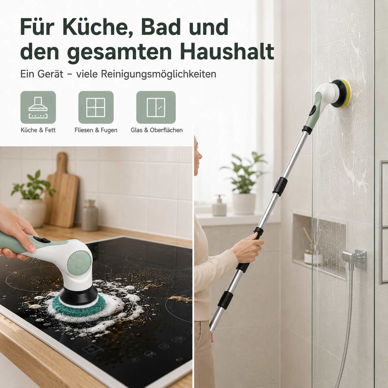 Ein Gerät reinigt Küche, Bad und Haushalt: Kochfeld und Duschwand.