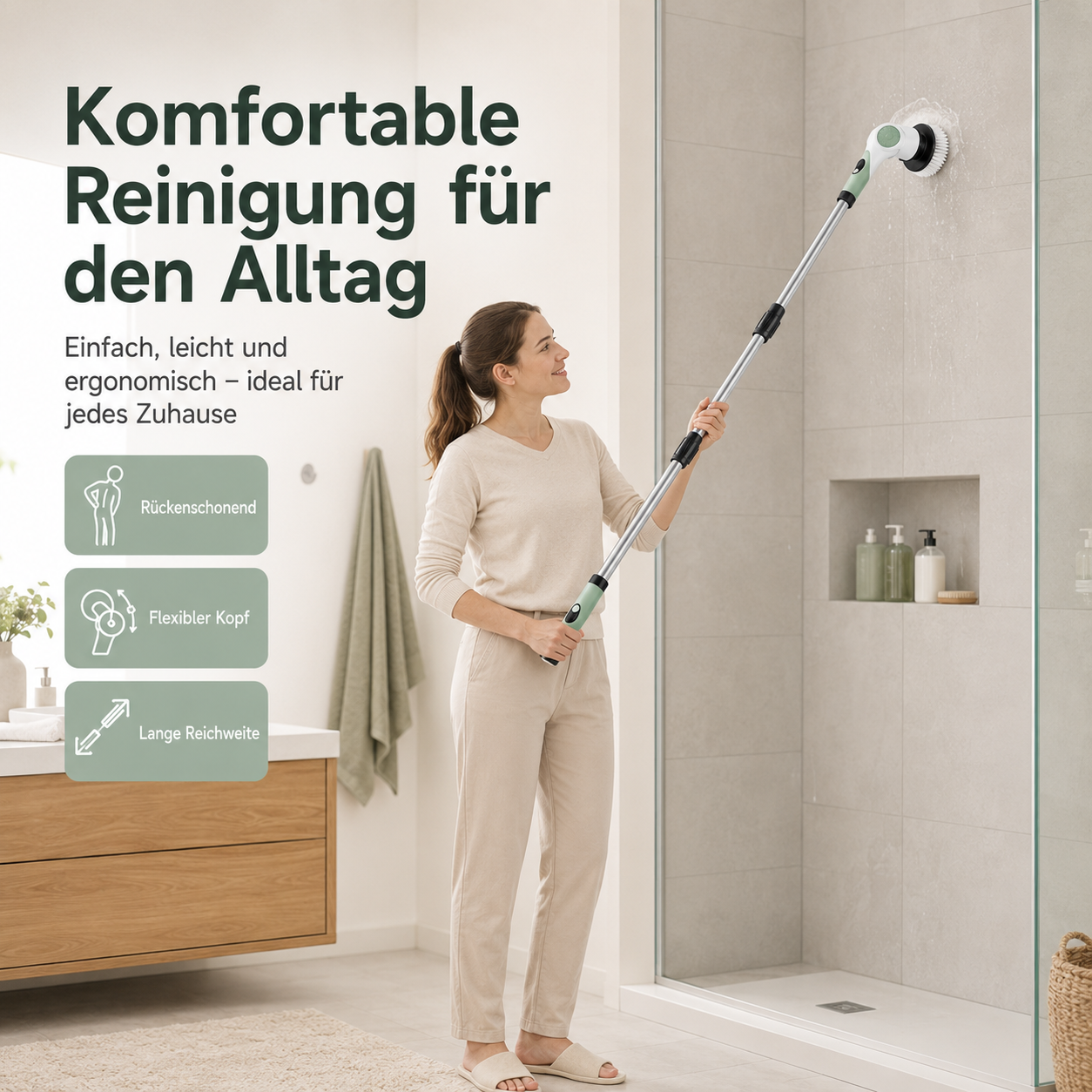 Eine Frau reinigt eine Duschwand mit einem ausziehbaren Reinigungsgerät.