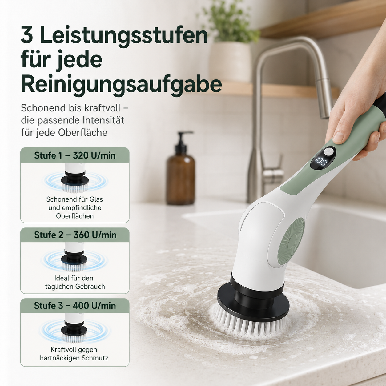 Elektrische Reinigungsbürste mit drei Stufen in einer Spüle, Schaum auf der Oberfläche.