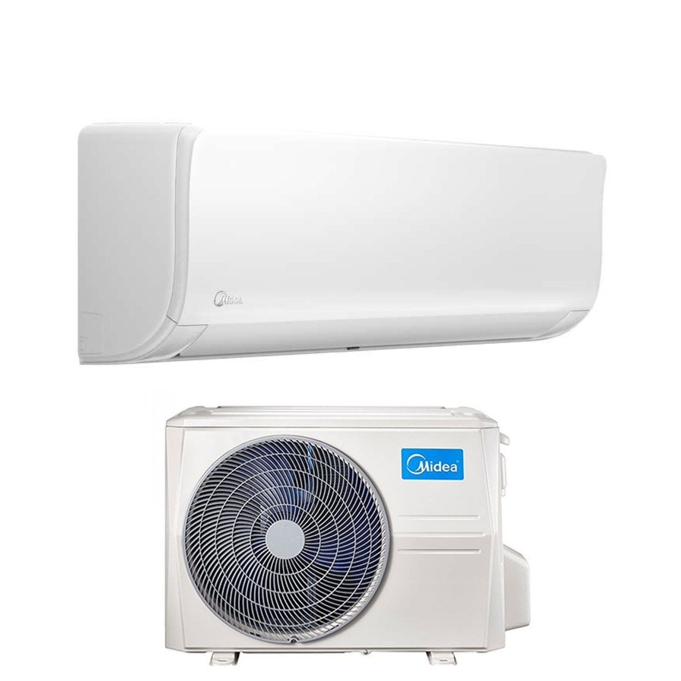 Unità interna condizionatore Midea bianca sopra unità esterna con ventola blu.