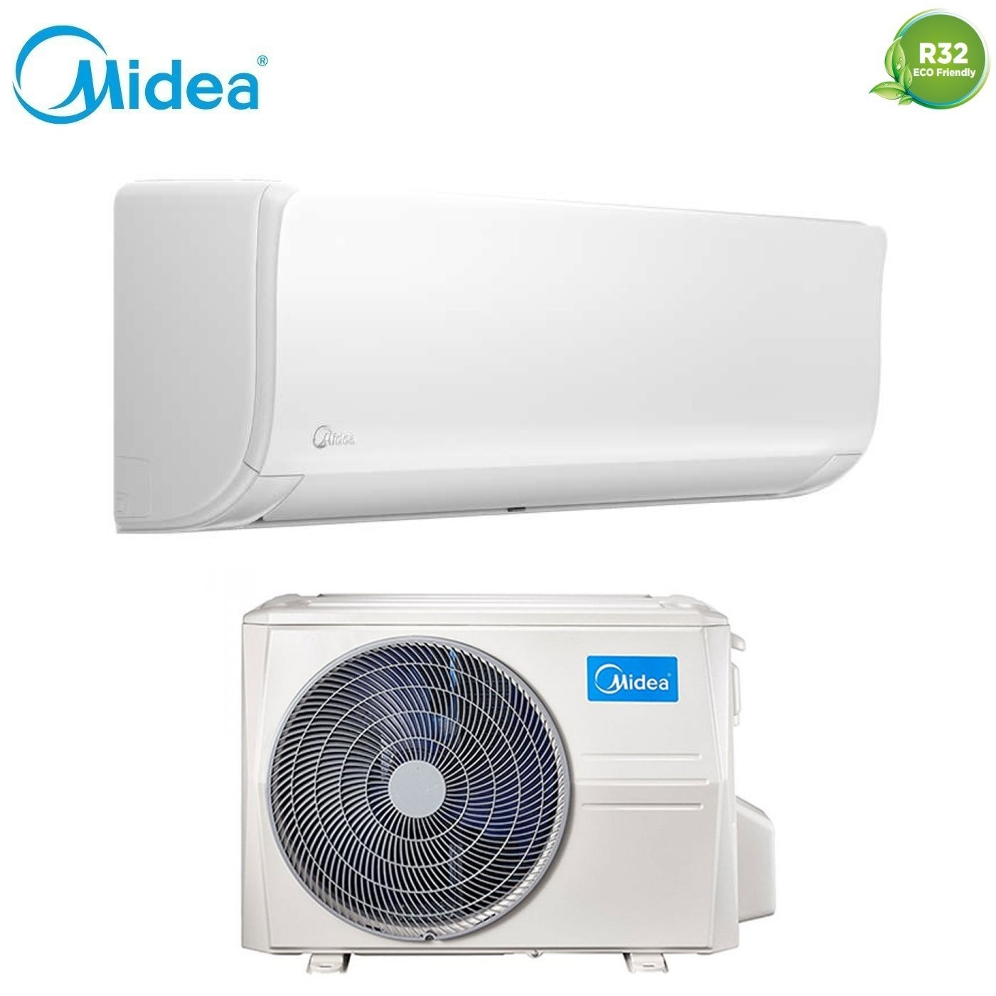 Un condizionatore bianco con unità interna ed esterna, logo Midea e simbolo R32.