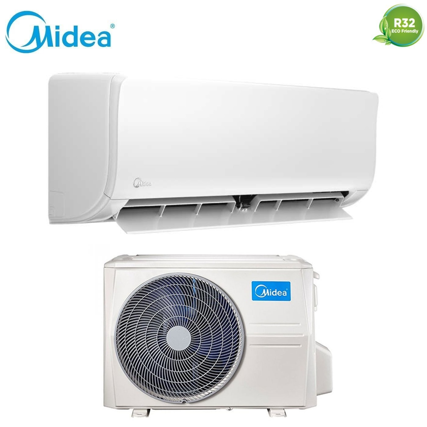 Unità interne ed esterne del condizionatore Midea bianche. Logo R32 Eco Friendly.