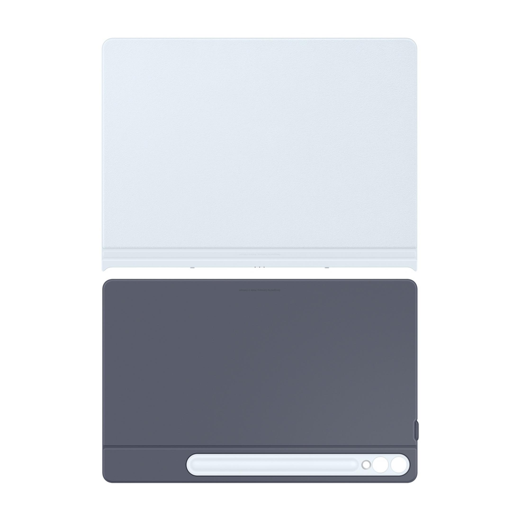 Sopra una cover bianca, sotto una cover grigia per tablet.