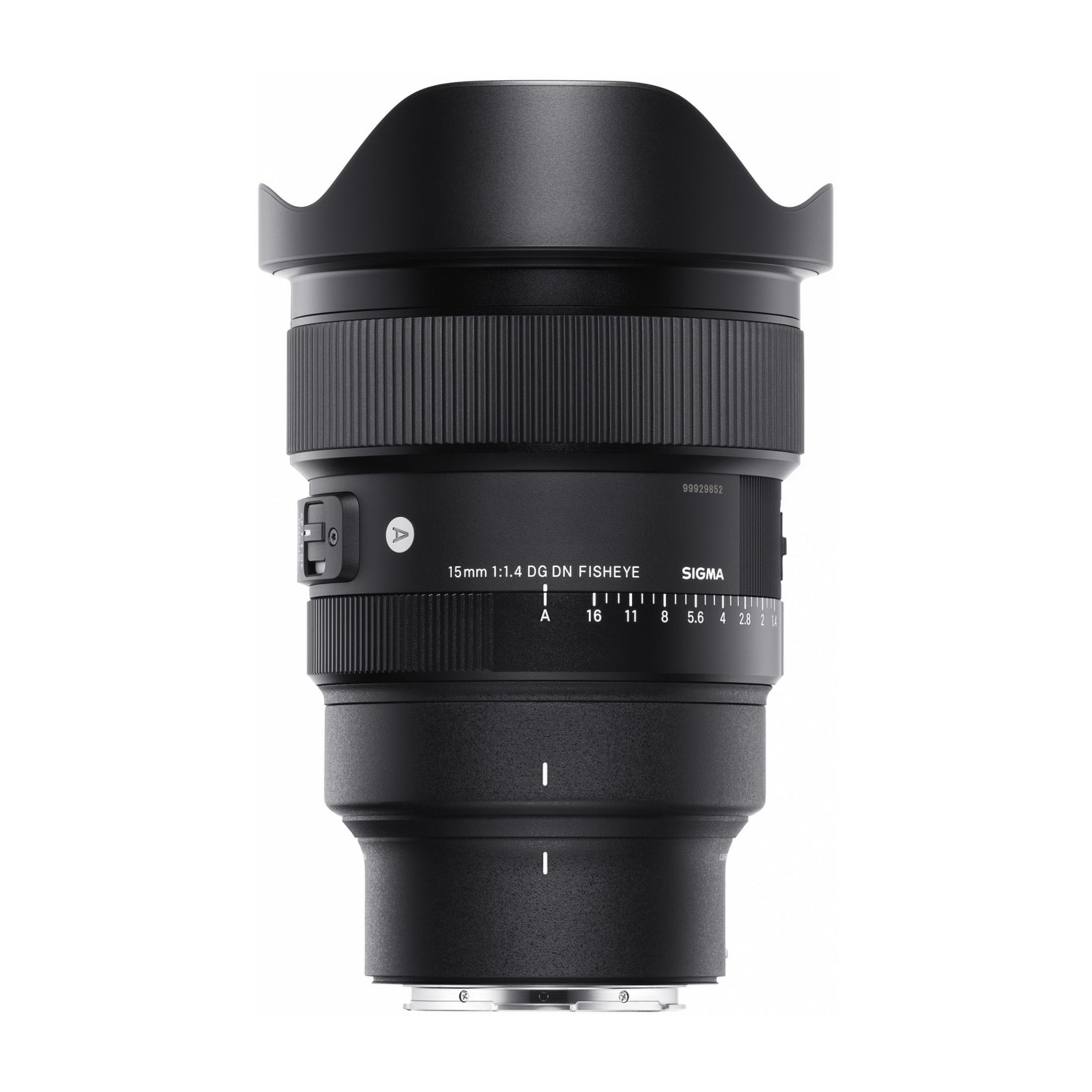 Obiettivo fisheye Sigma 15mm 1:1.4 DG DN nero con ghiere diaframma e messa a fuoco.