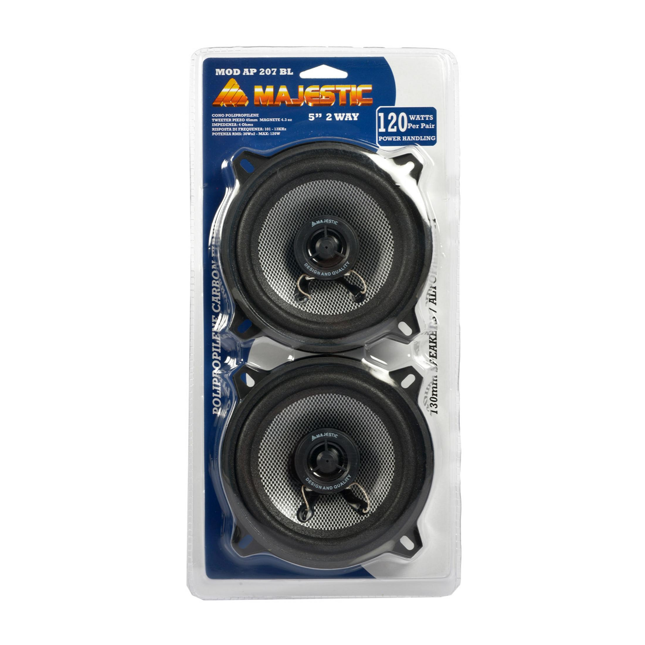Zwei Majestic 5-Zoll-Lautsprecher in Verpackung mit Beschriftung.