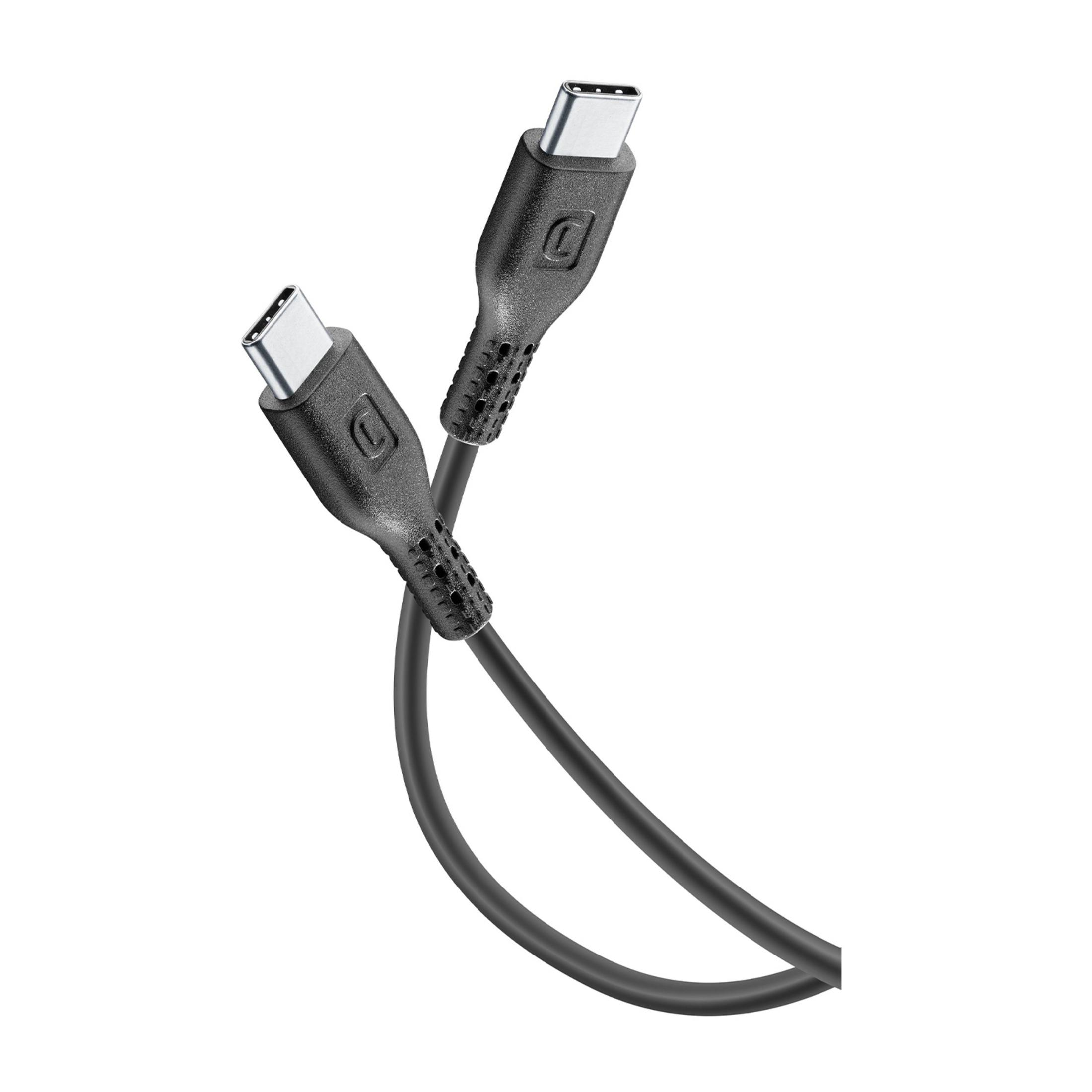 Dos cables USB-C negros con conectores plateados yacen uno al lado del otro.