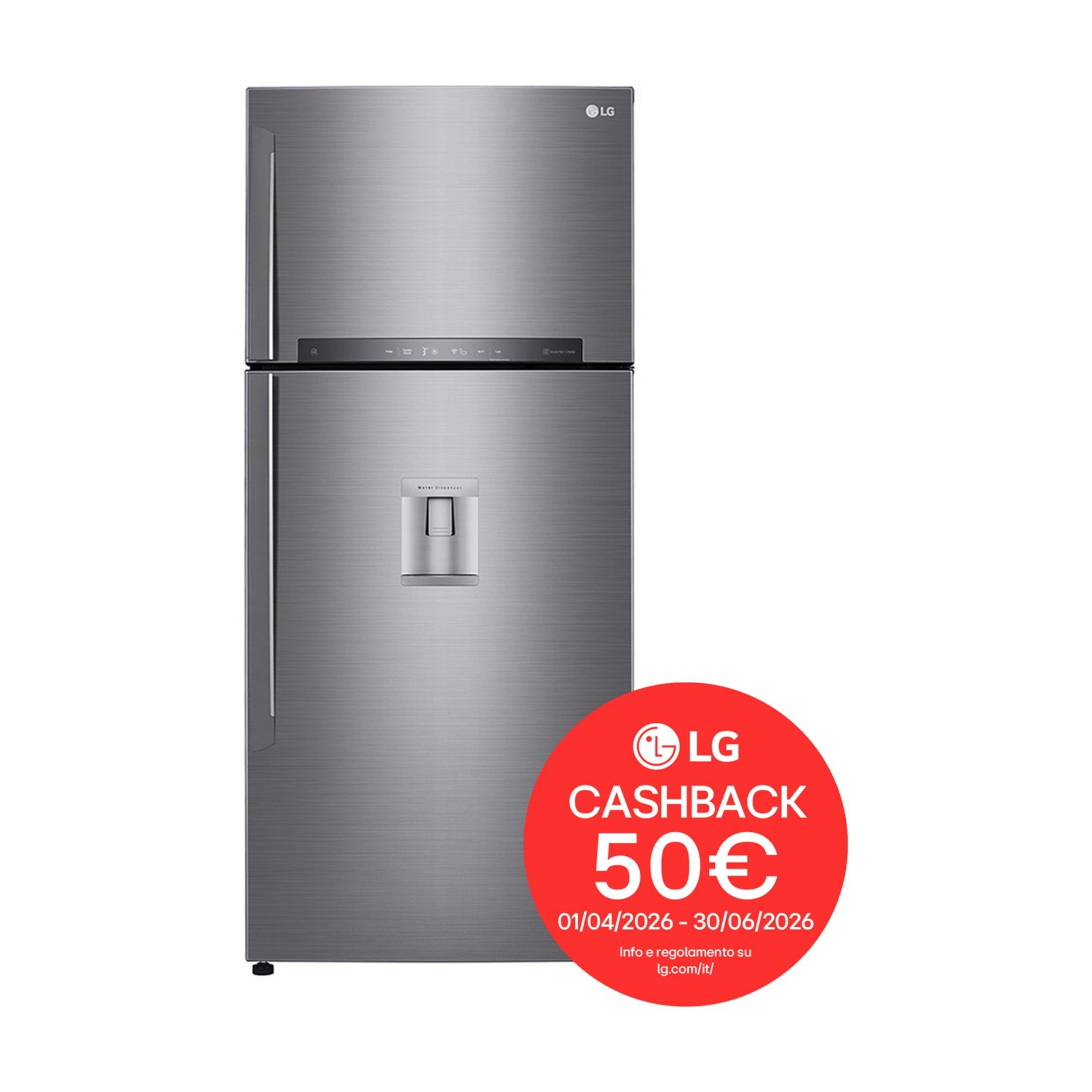 Un refrigerador LG plateado con dispensador de agua y etiqueta roja "Cashback 50€".