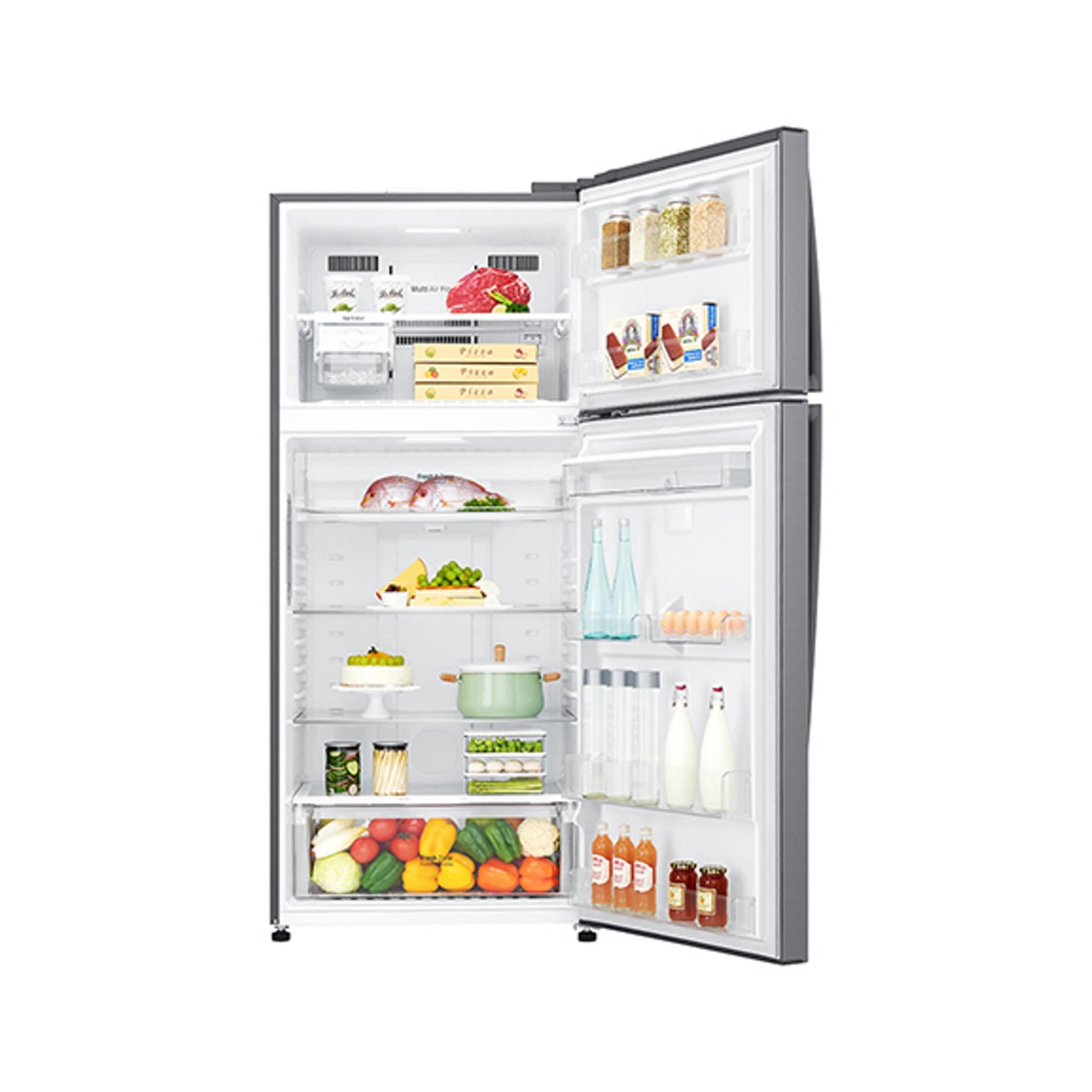 Un refrigerador abierto lleno de comida: carne, pescado, verduras, frutas, huevos, botellas y frascos.