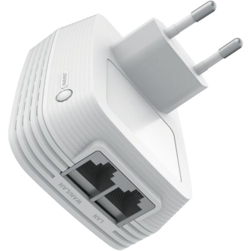 Un ripetitore Wi-Fi bianco con due porte LAN e una spina di alimentazione.