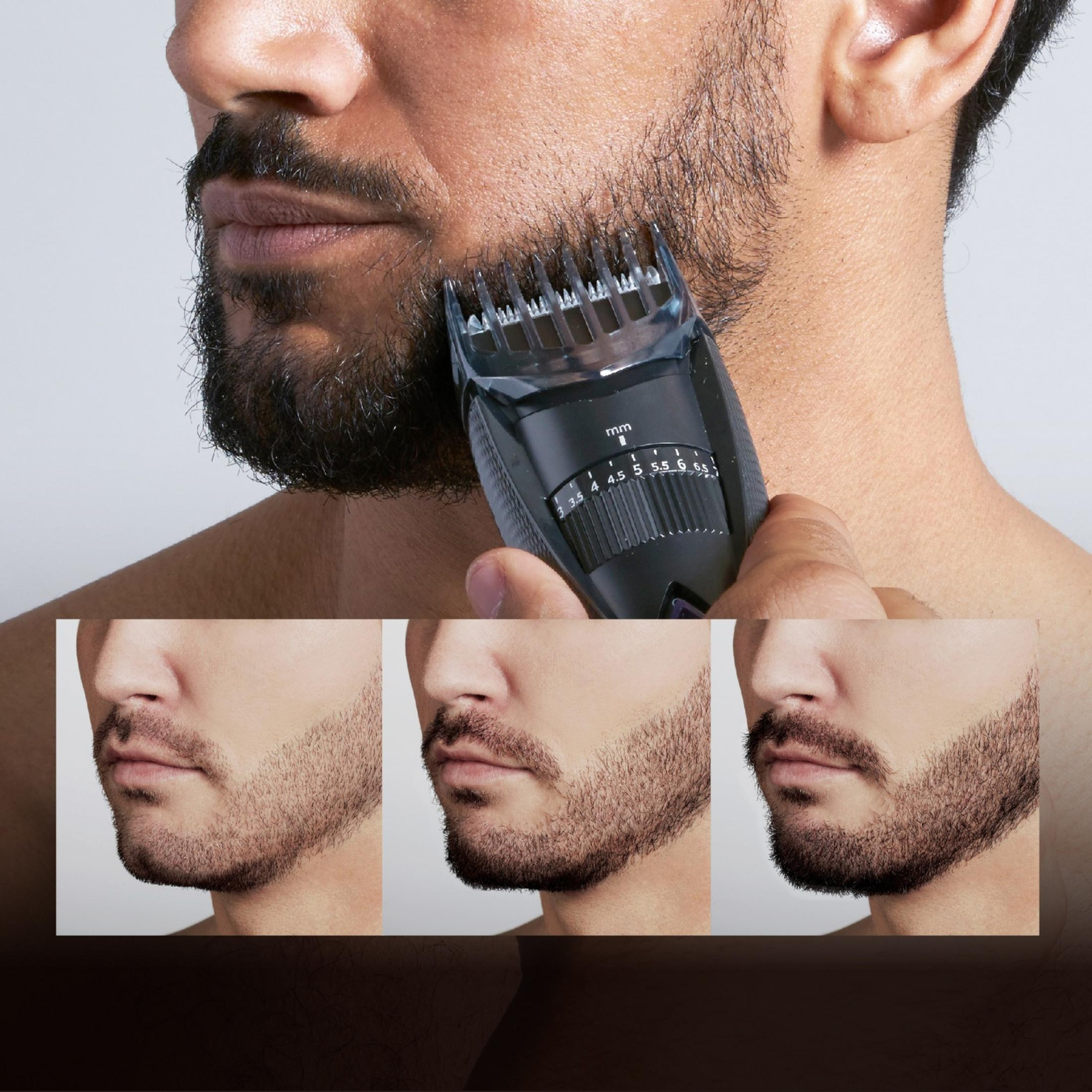 Hombre recorta barba con recortadora, mostrando diferentes largos.