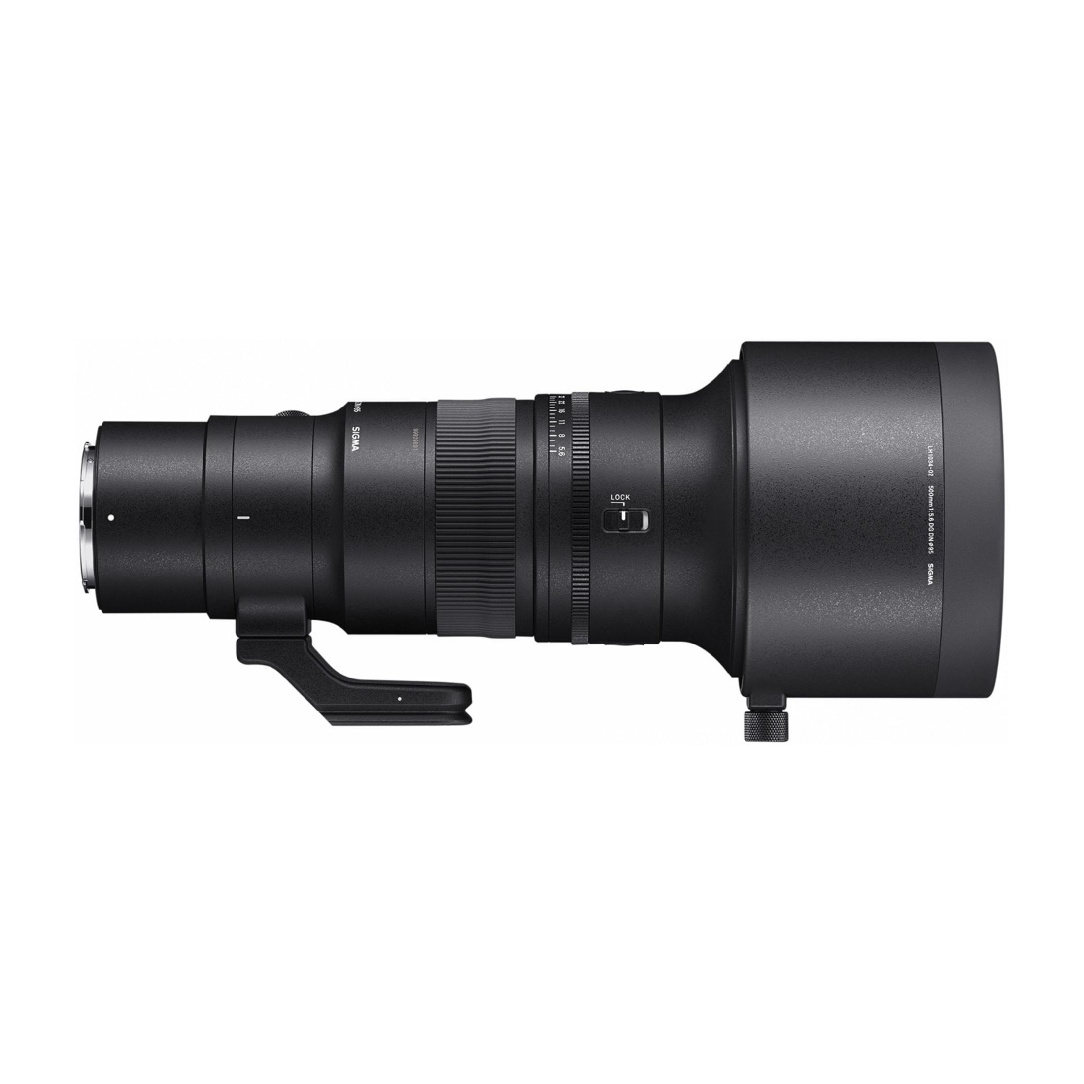 Obiettivo Sigma 500mm f/5.6 DG DN nero con collarino per treppiede e ghiera messa a fuoco.