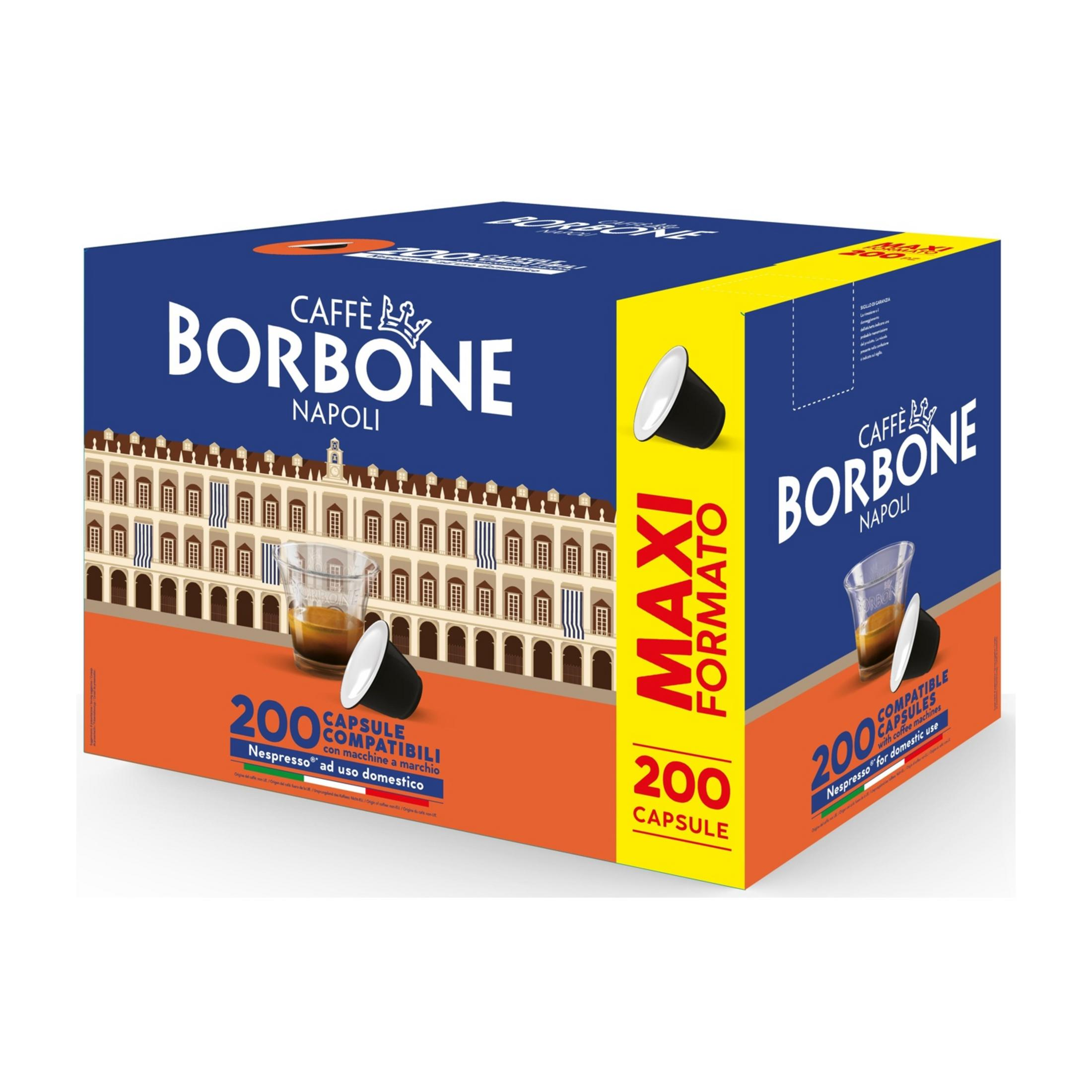 Una scatola blu con 200 capsule di caffè Caffè Borbone Napoli.