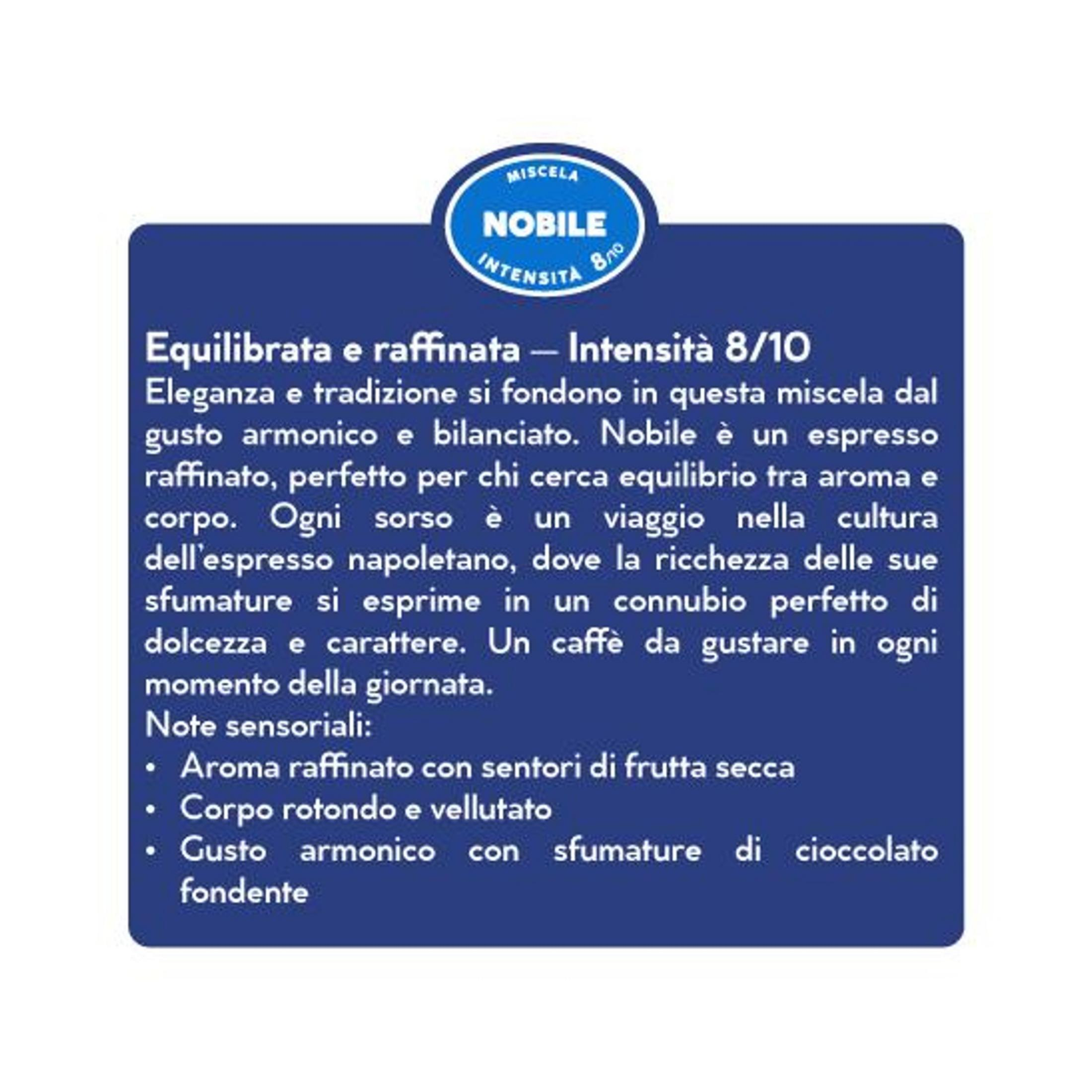 Etichetta blu con titolo caffè Nobile, intensità 8/10, e descrizione.