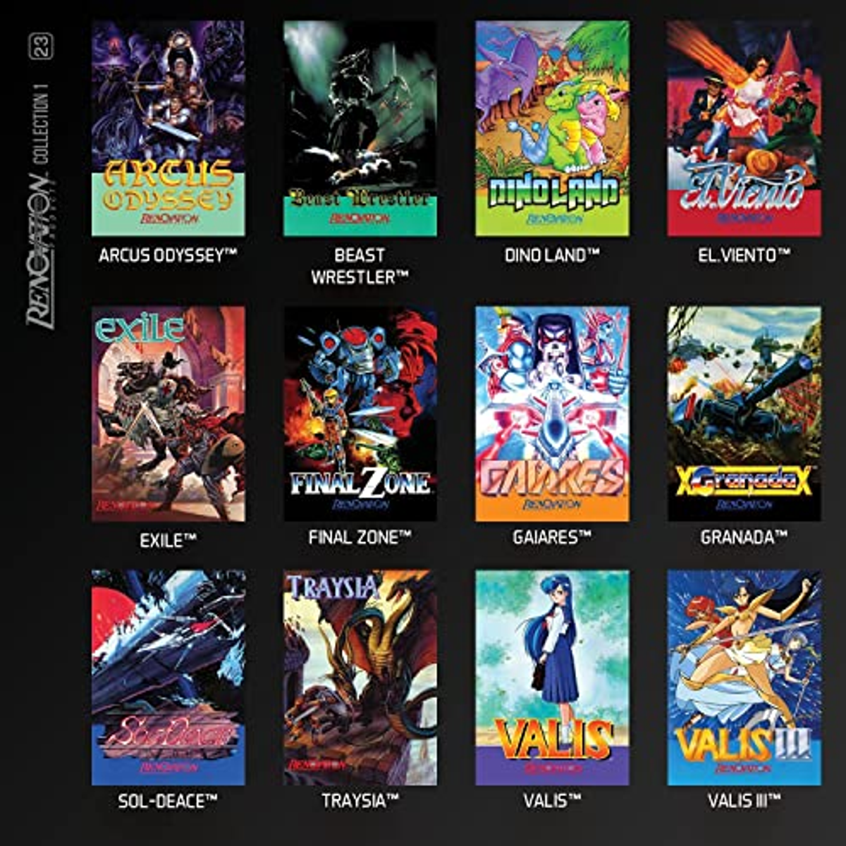 Eine Collage von 12 Videospielcovern, die Spiele wie Arcus Odyssey und Valis III zeigen.