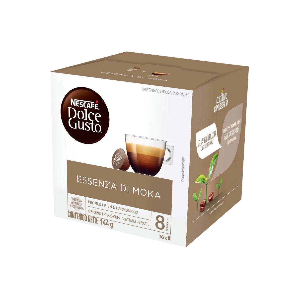 Una scatola di capsule di caffè Nescafé Dolce Gusto Essenza di Moka.