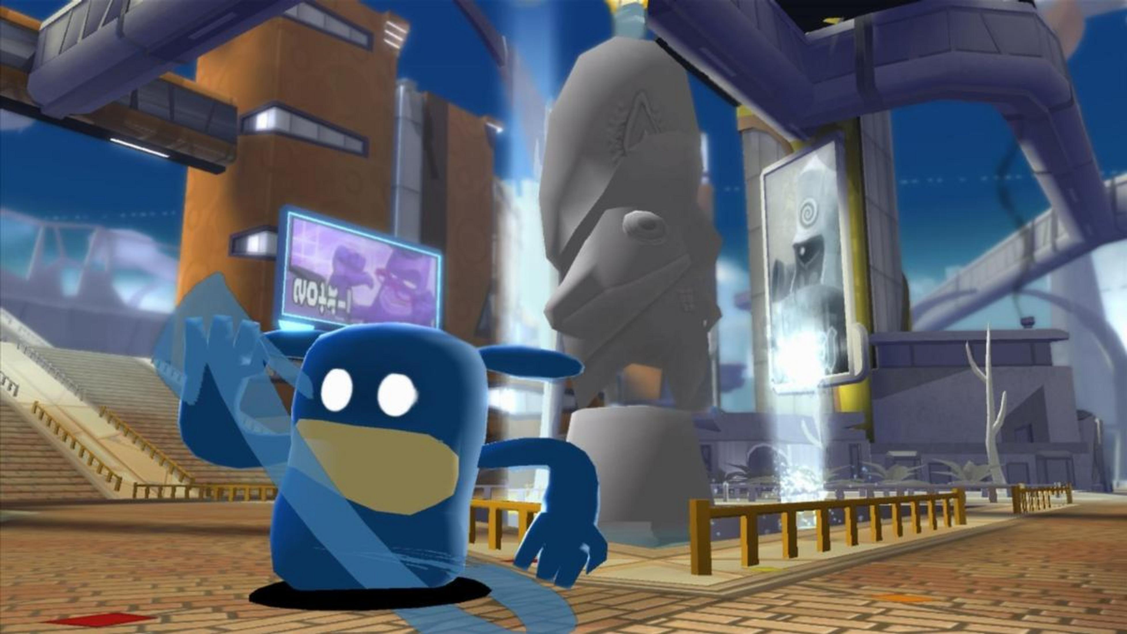 Eine blaue Cartoonfigur mit großen weißen Augen und einem gelben Schnabel steht in einer futuristischen Stadt.